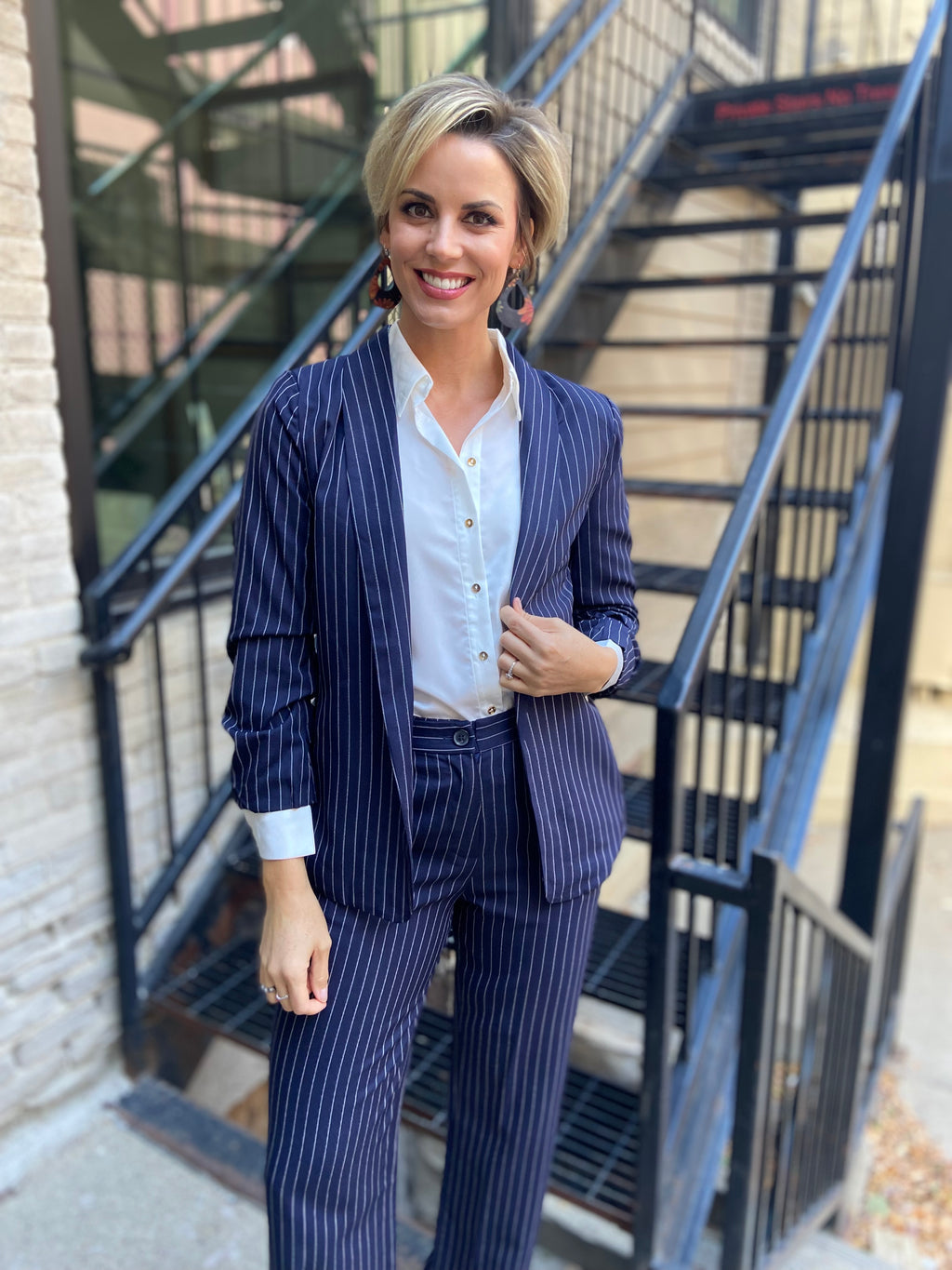 Cally Navy Straight Leg Striped Trousers