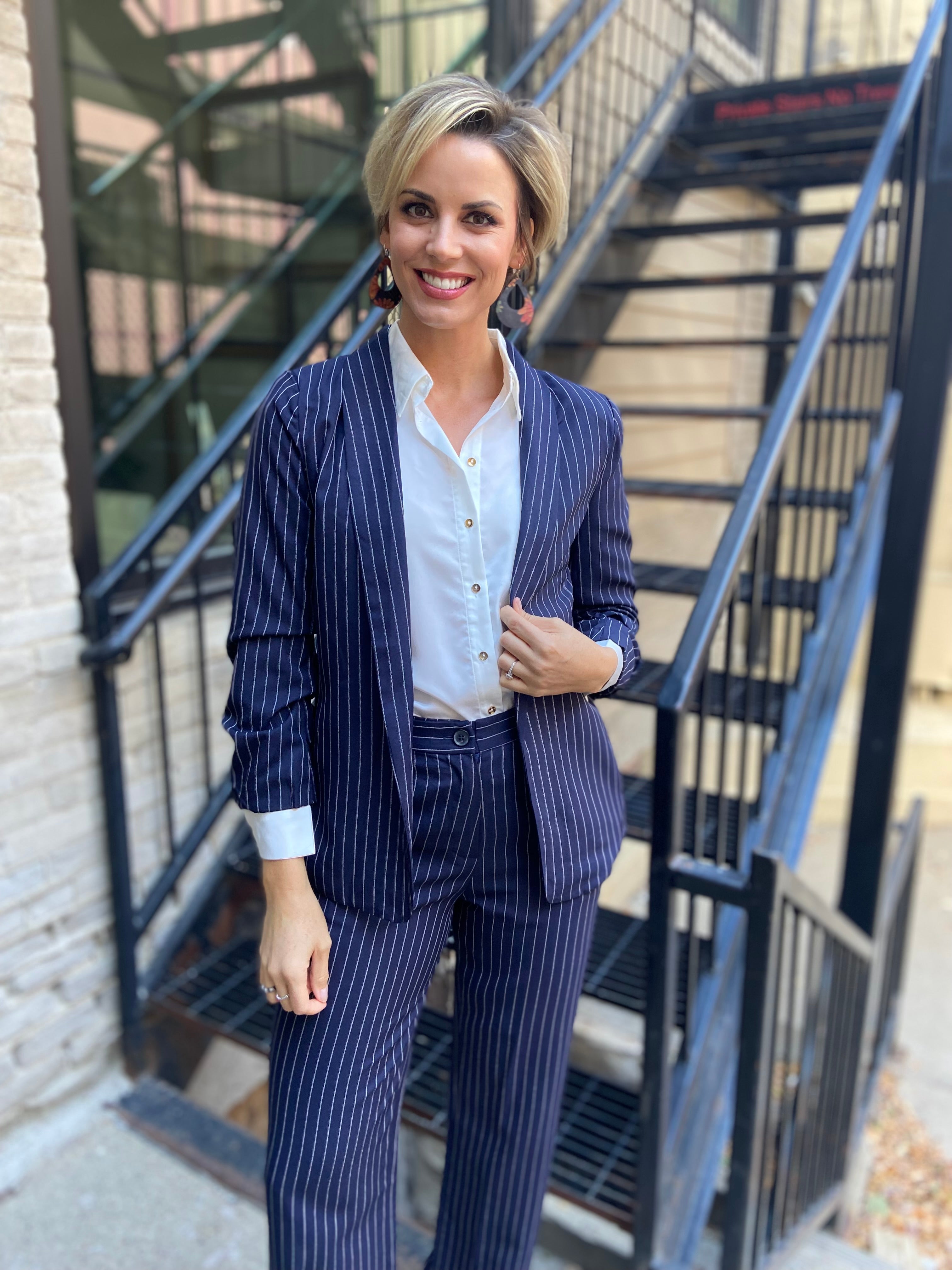 Cally Navy Straight Leg Striped Trousers