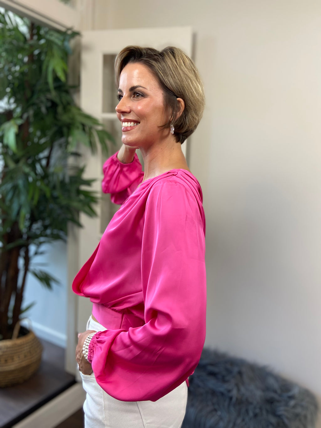 Elio Hot Pink V Neck Long Sleeve Blouse - MK Threads Boutique
