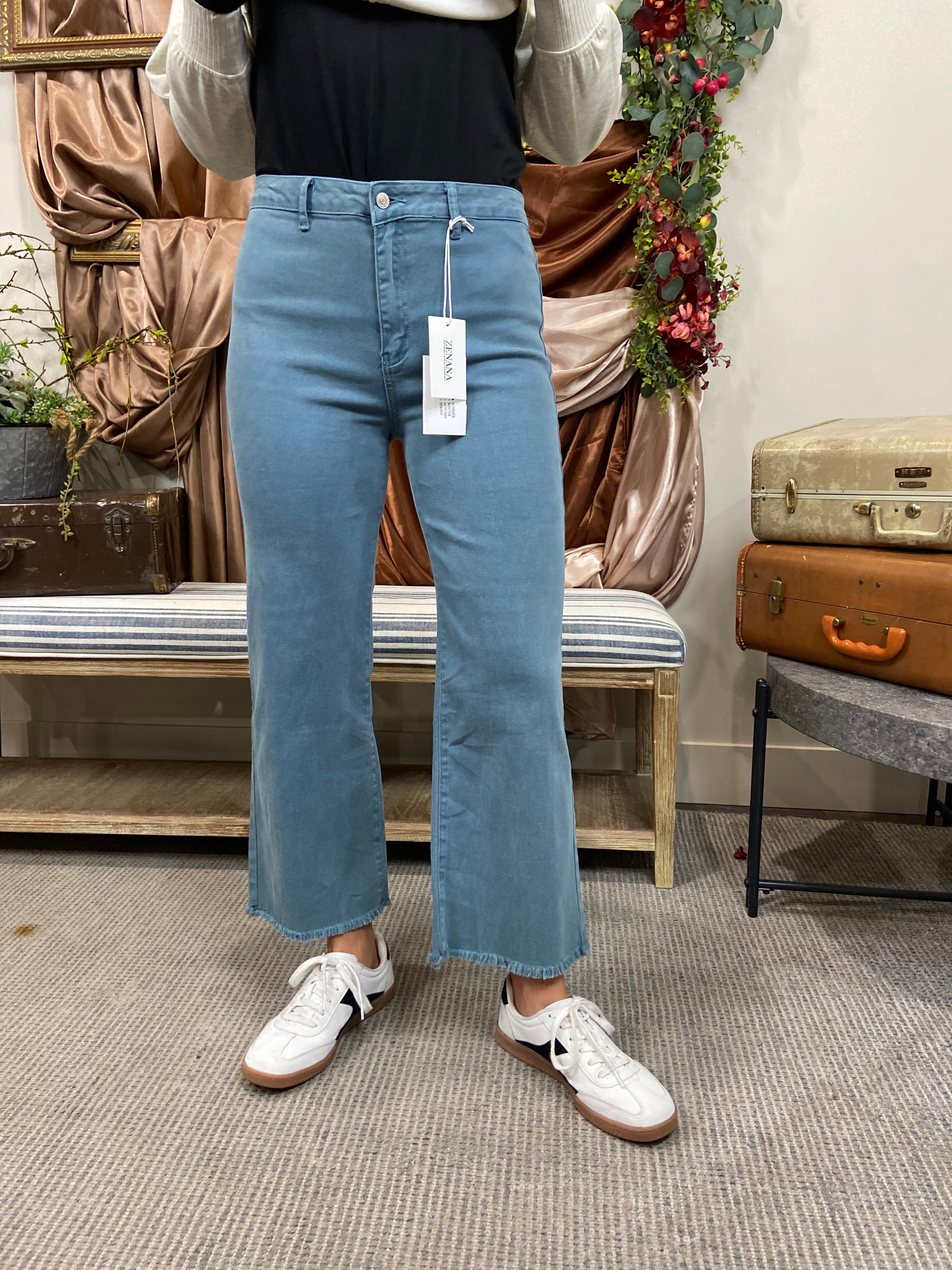 Allie Teal Frayed Straight Leg Zenana Jeans