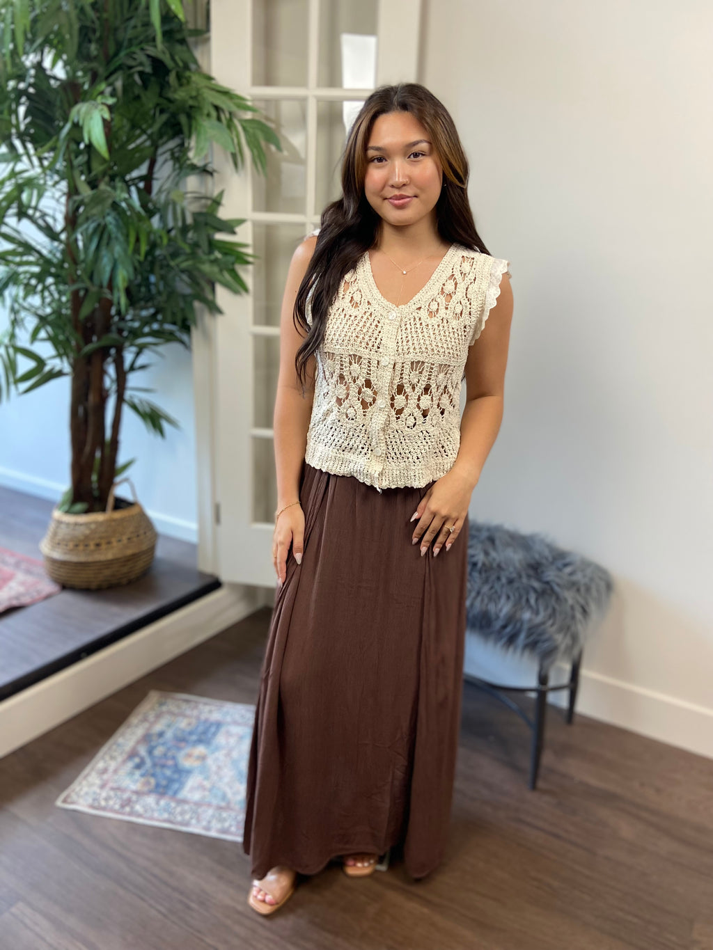 Theo Brown Midi Crinkle Slit Skirt - MK Threads Boutique