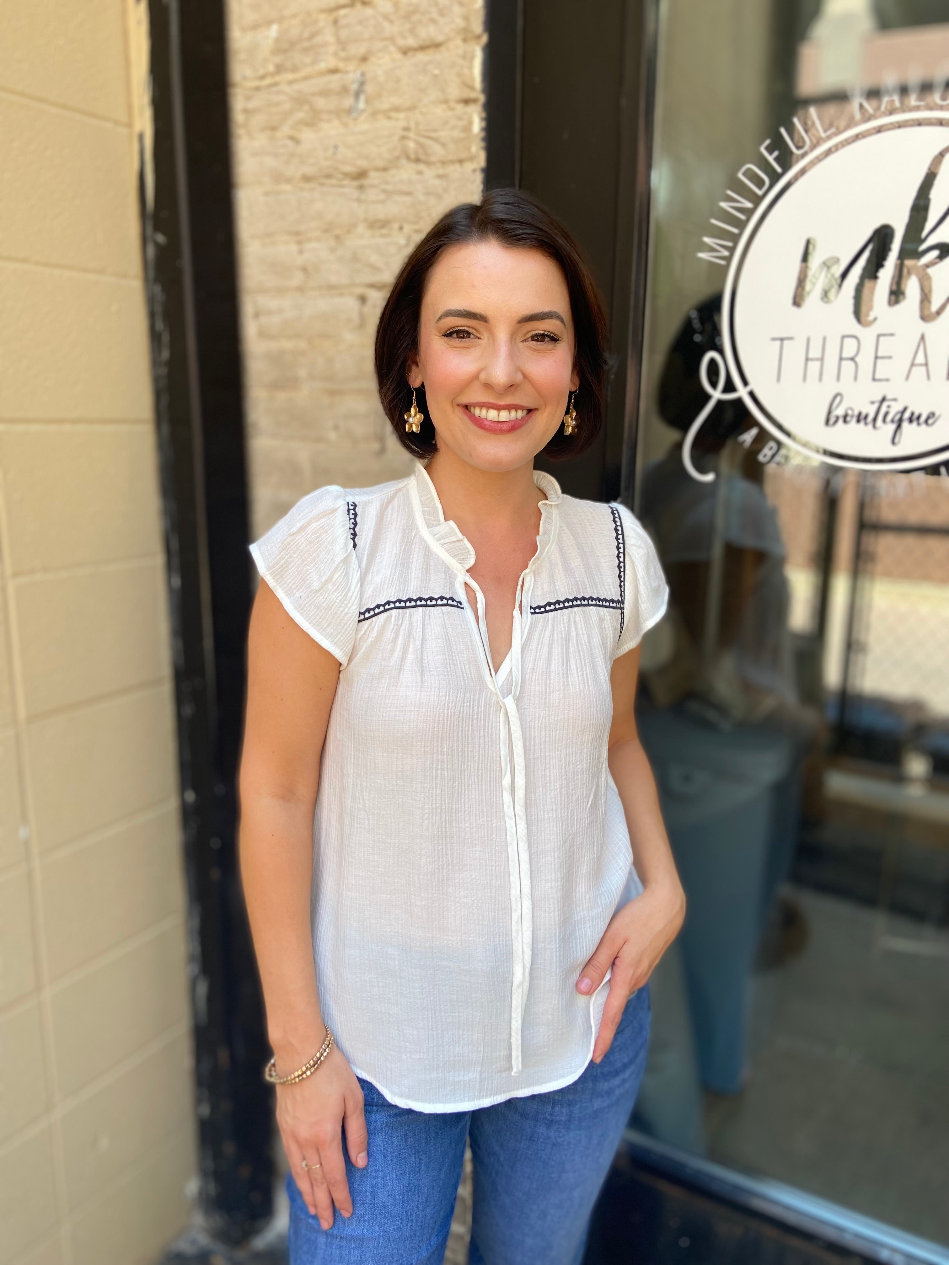 Wilder White & Black Detail Front Tie Top