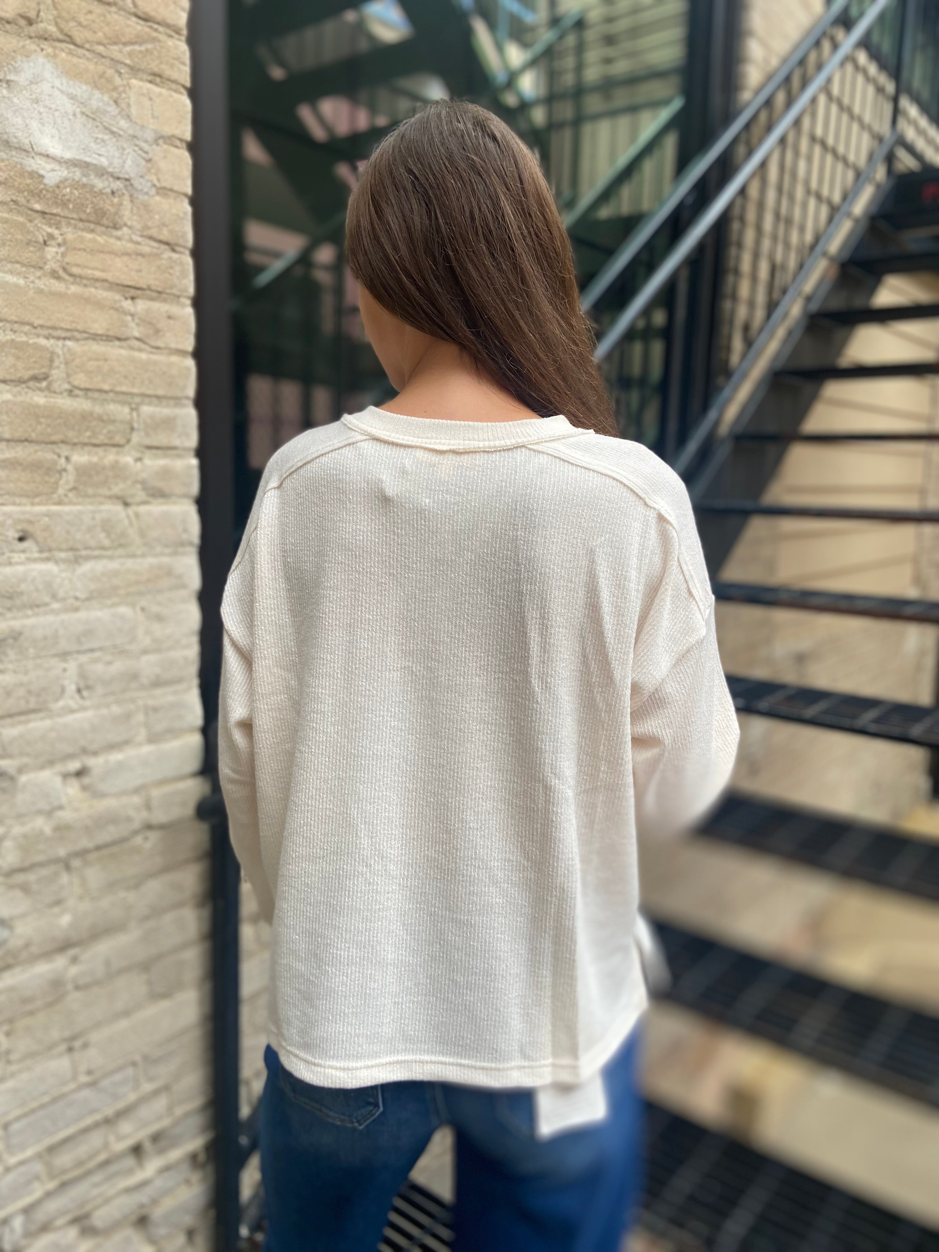 Kit Cream Ribbed Henley Long Sleeve Top