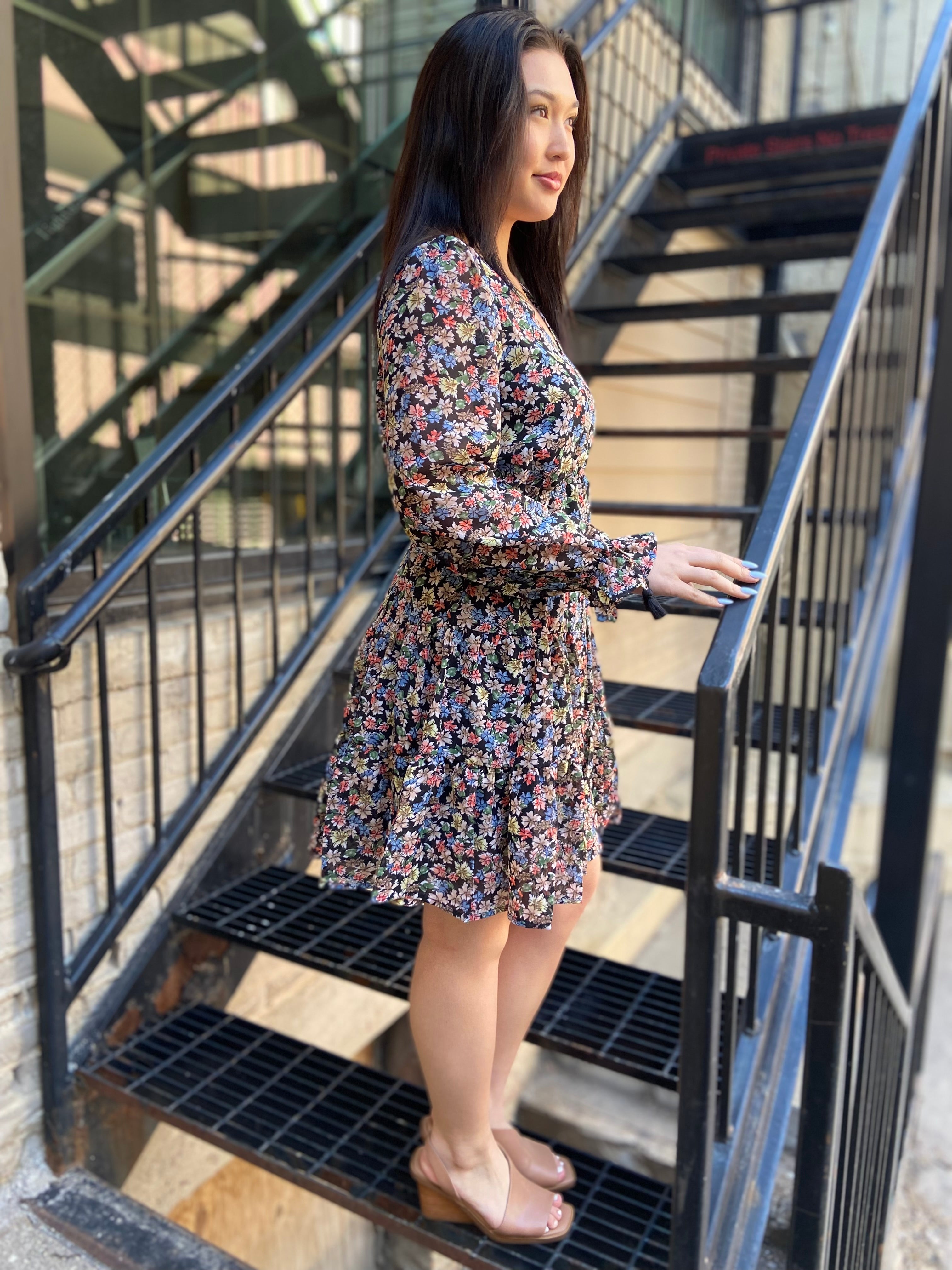 Courtney Black Floral Dainty Long Sleeve Mini Dress