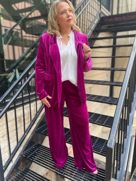 Sassy Magenta  Plus Size Velvet Blazer & Pants Set