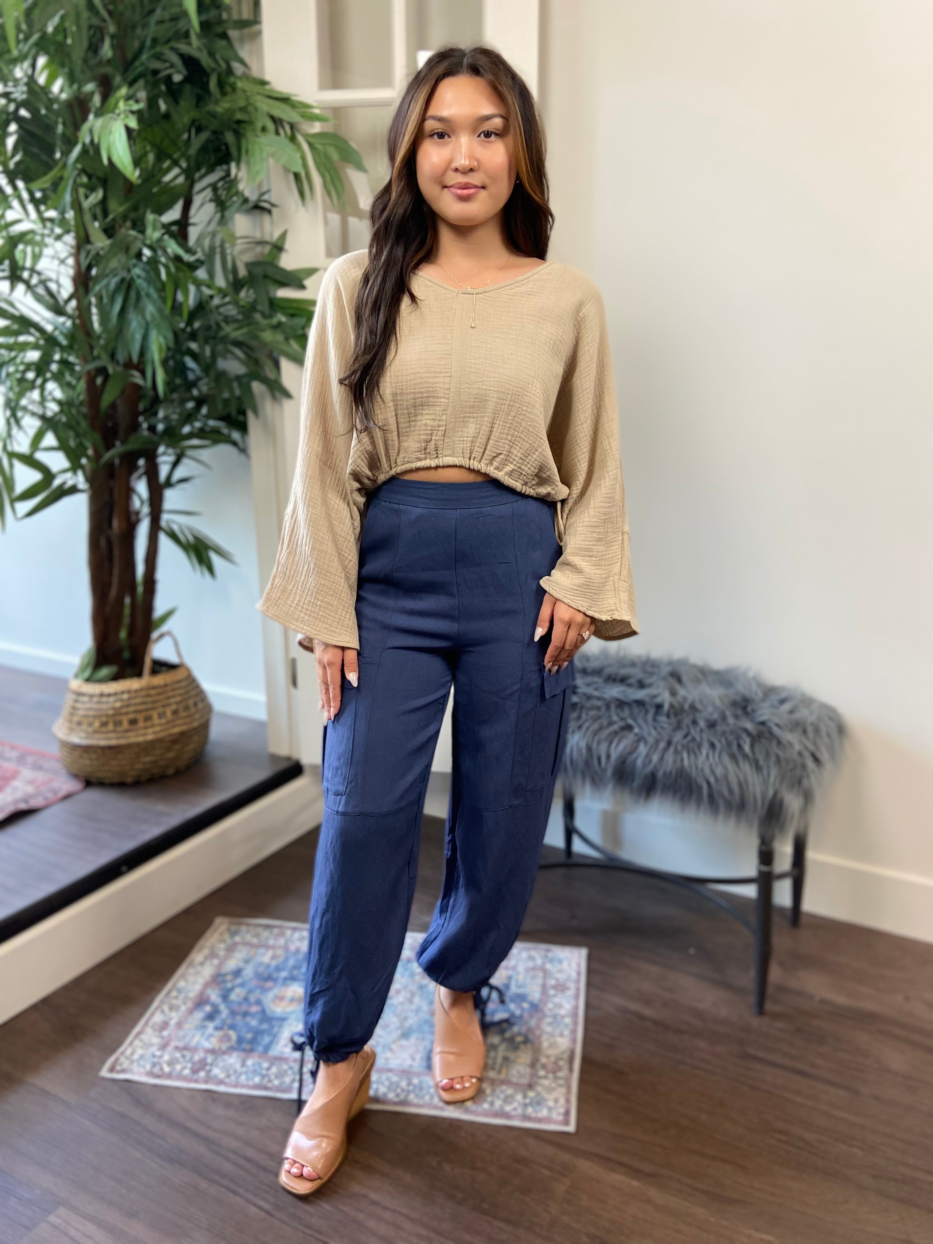 Calla Light Taupe Guaze Bell Sleeve Top