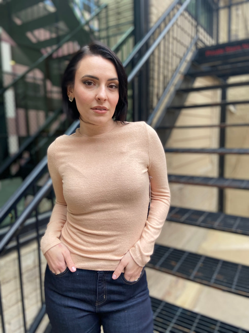 Stacy Taupe Mock Neck Long Sleeve