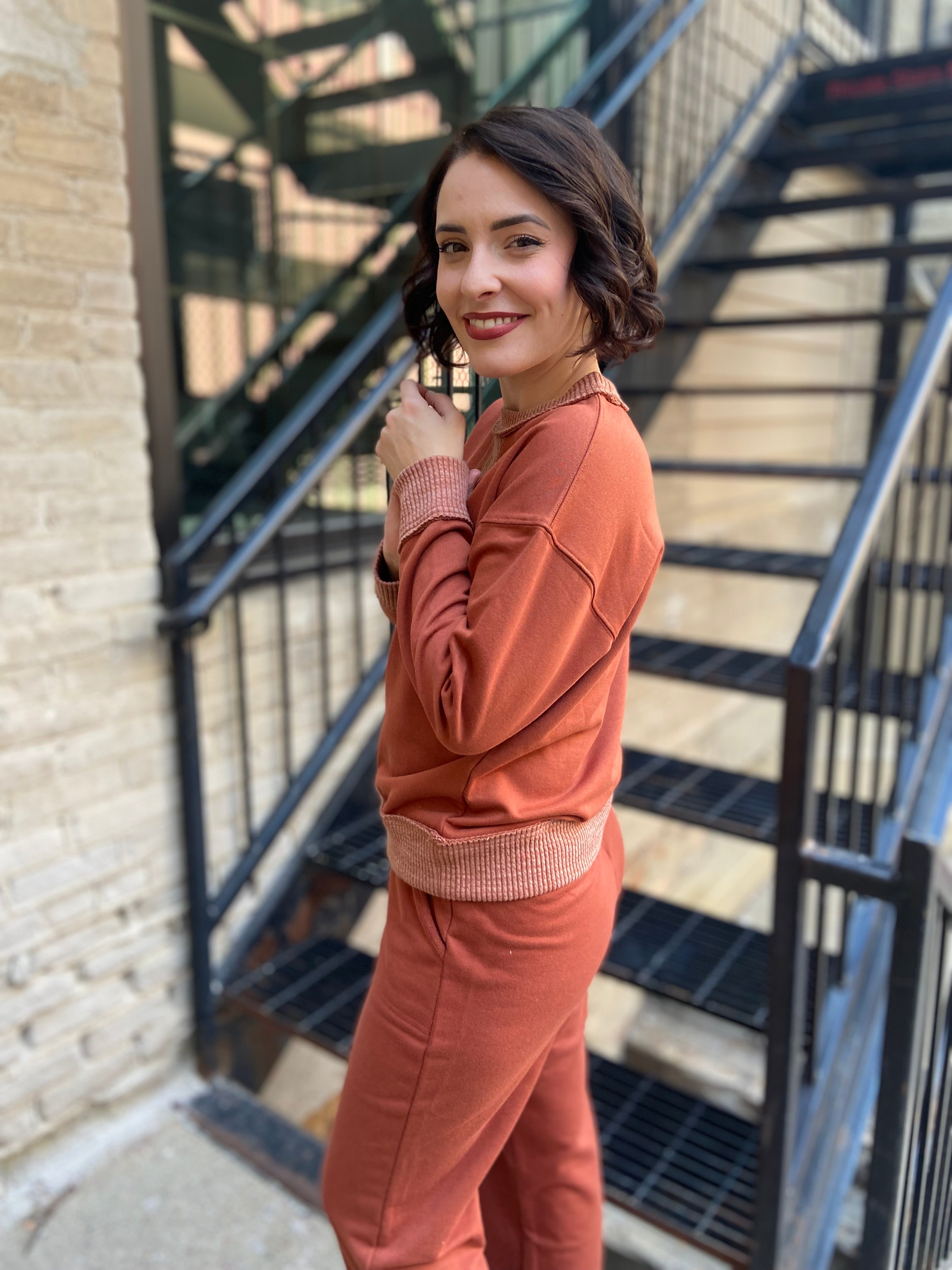 Stephanie Rust Ribbed Terry Knit Crewneck