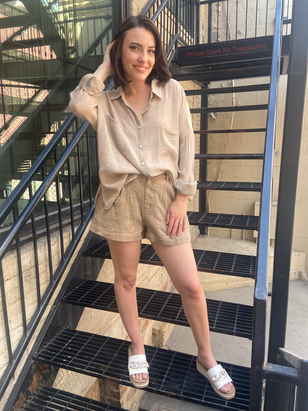Georgia Taupe Sheer Oversized Button Up - MK Threads Boutique