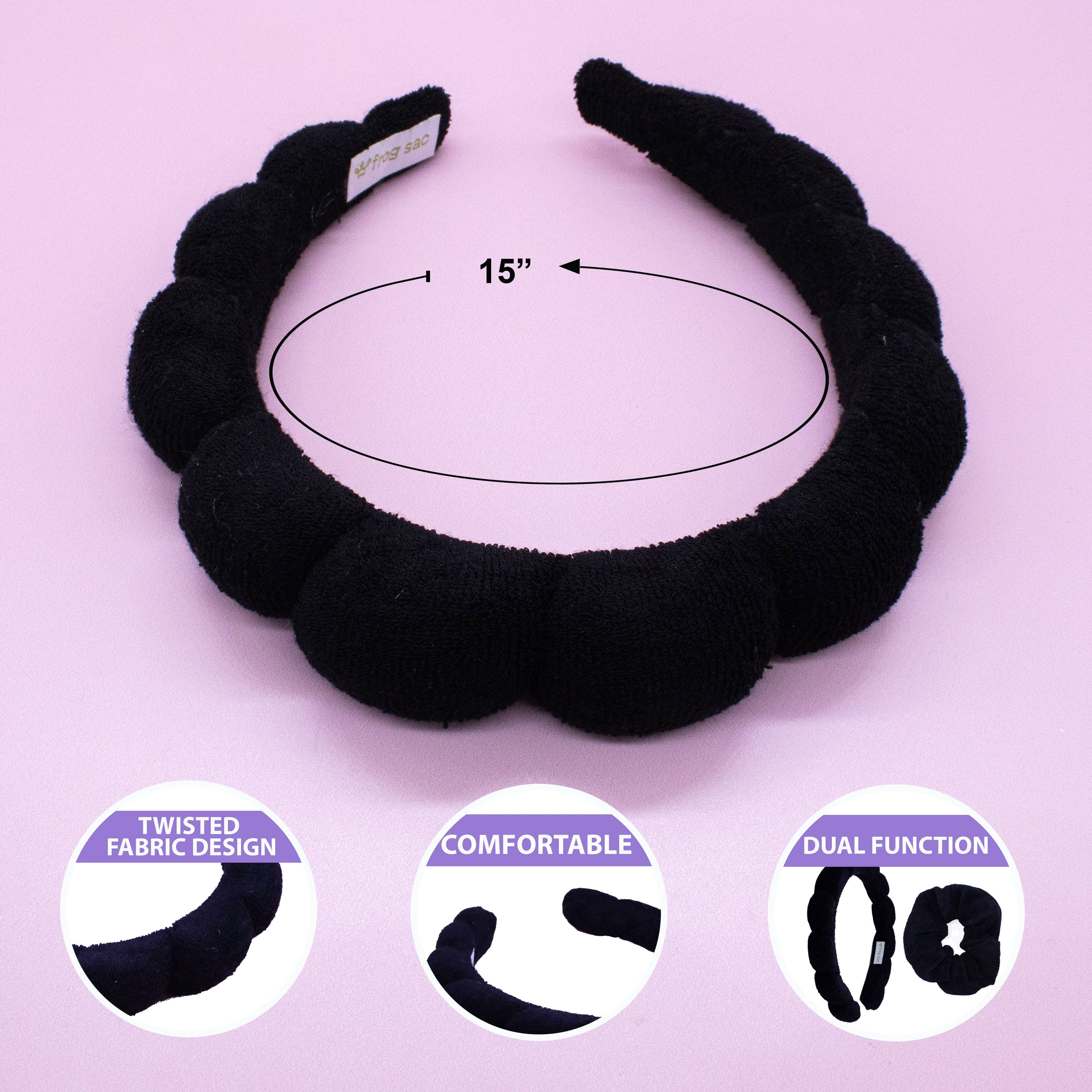 Spa Headband - Skincare Headband & Scrunchie Wristband Set: Black