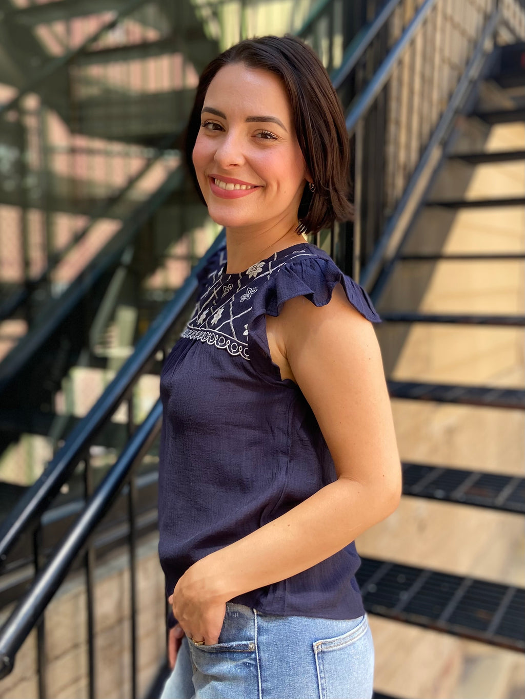 Vireo Navy Floral Embroidered Detail Top