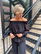 Susan Black Smocked Off Shoulder Long Sleeve Top