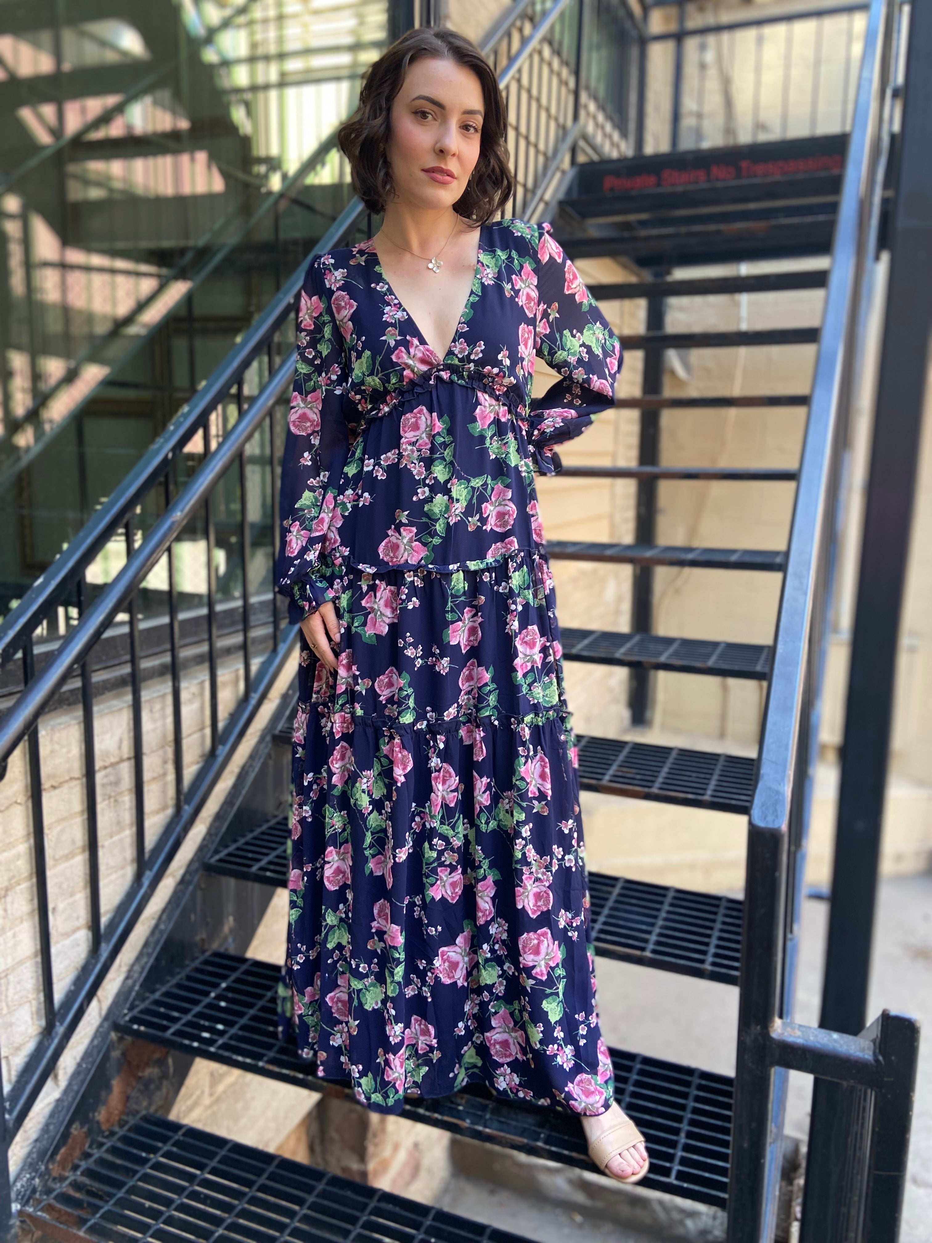 Marky Navy Blue V-Neck Long Sleeve Maxi Dress