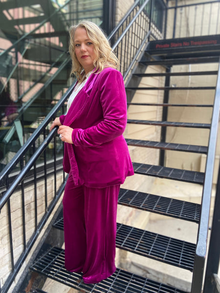 Sassy Magenta  Plus Size Velvet Blazer & Pants Set