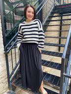 Mika Black Smocked Waist Side Slit Midi Skirt