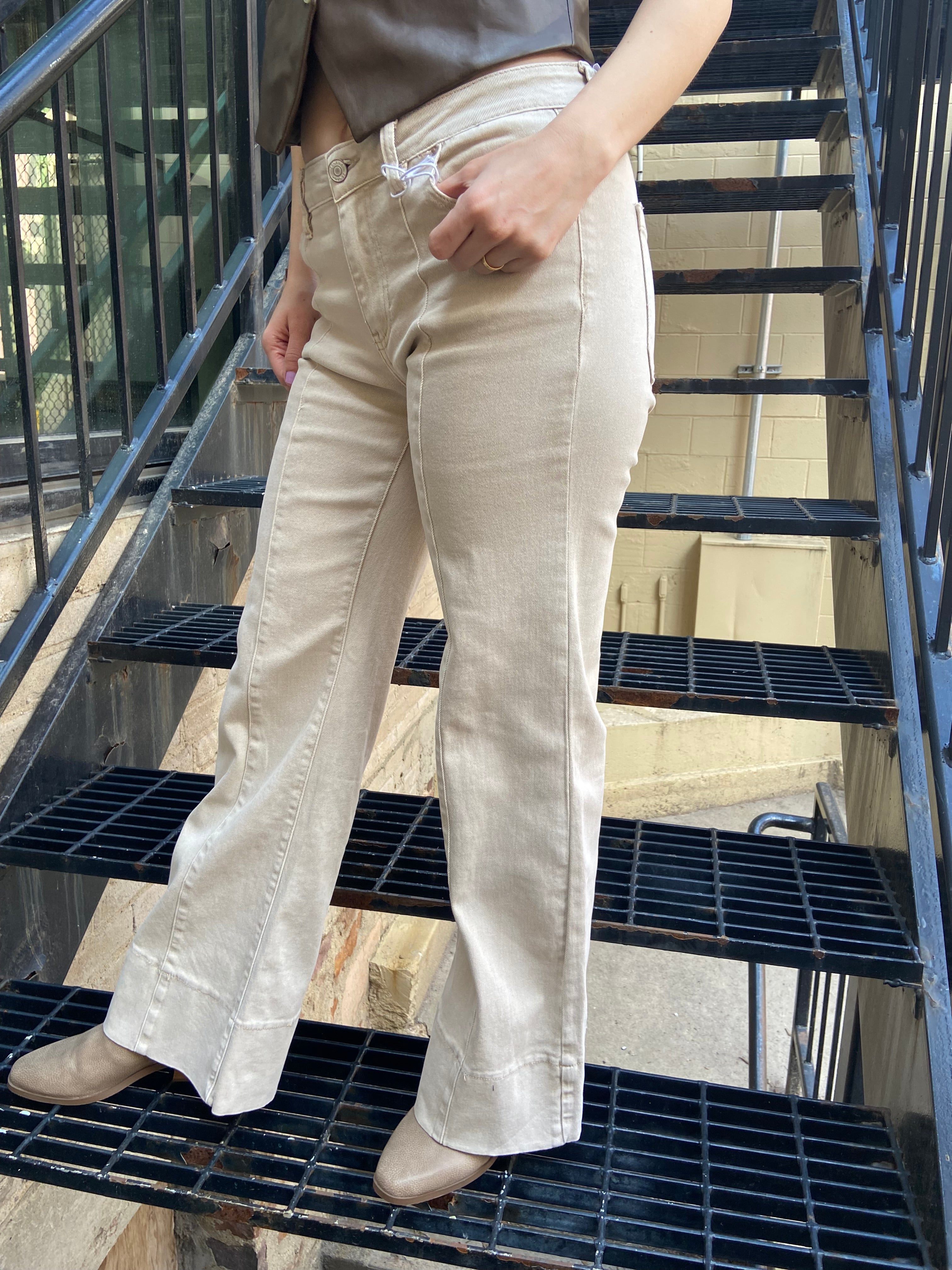 Emmy Beige Mid Rise Wide Leg Jeans - MK Threads Boutique