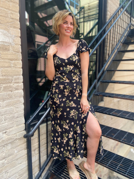 Farrah Black Floral Midi Dress