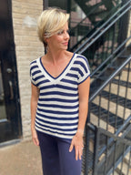 KiKi Navy Striped Crochet Knit Short Sleeve