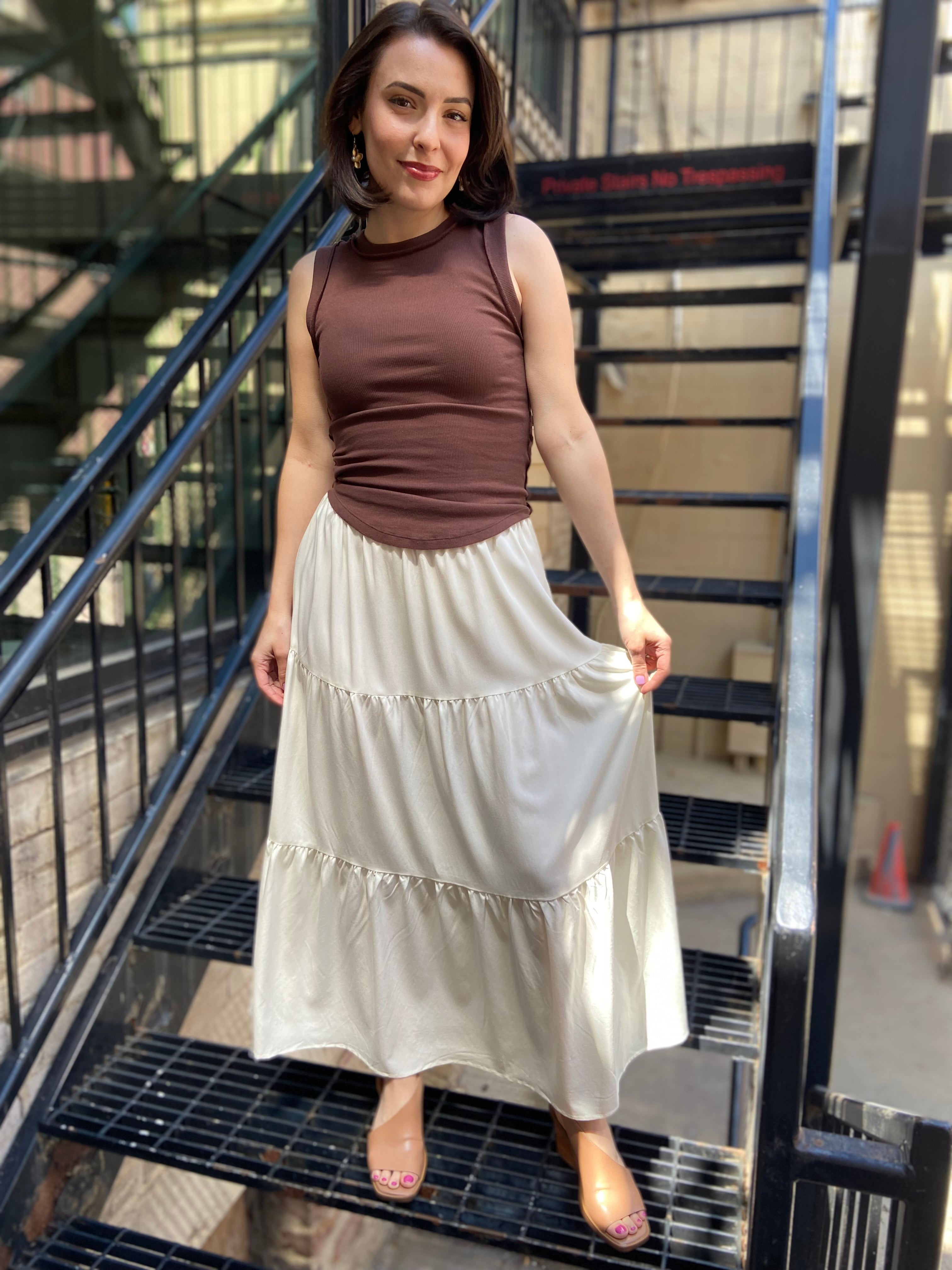 Angela Off White Elastic Tiered Flowy Maxi Skirt - MK Threads Boutique