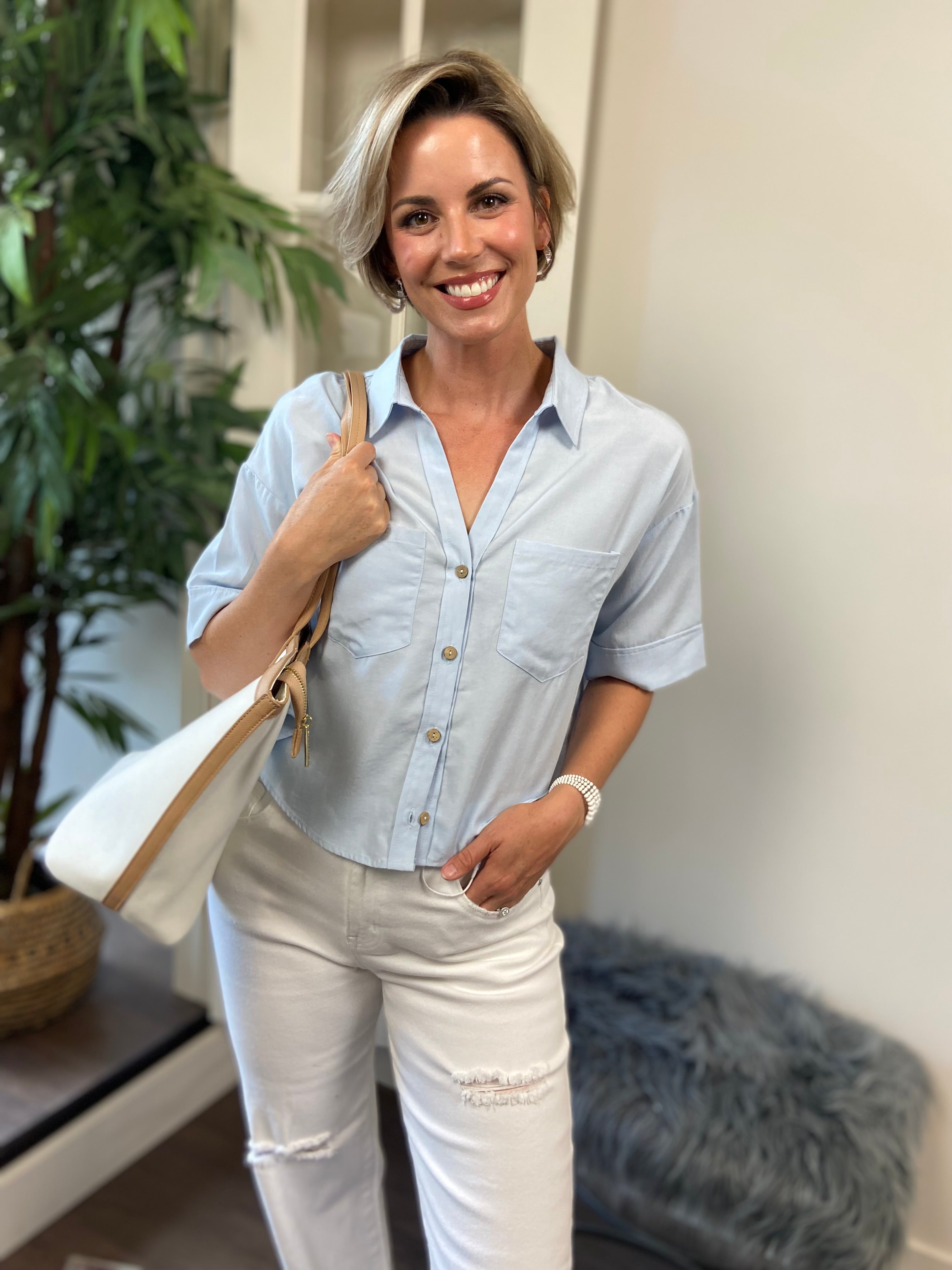 Ellie Light Blue Short Sleeve Button Up Top - MK Threads Boutique