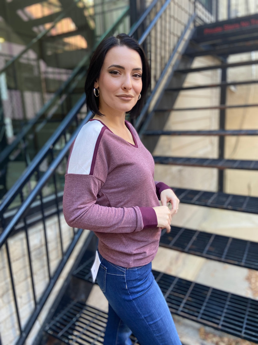 Lucy Burgundy Trim V-Neck Long Sleeve