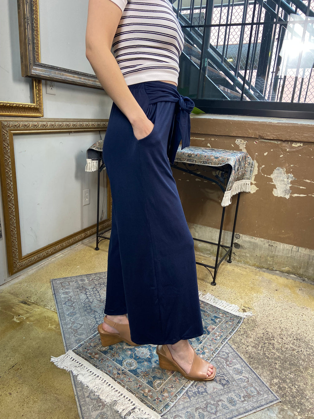 Barry Navy Blue Front Tie Knit Palazzo Pants - MK Threads Boutique