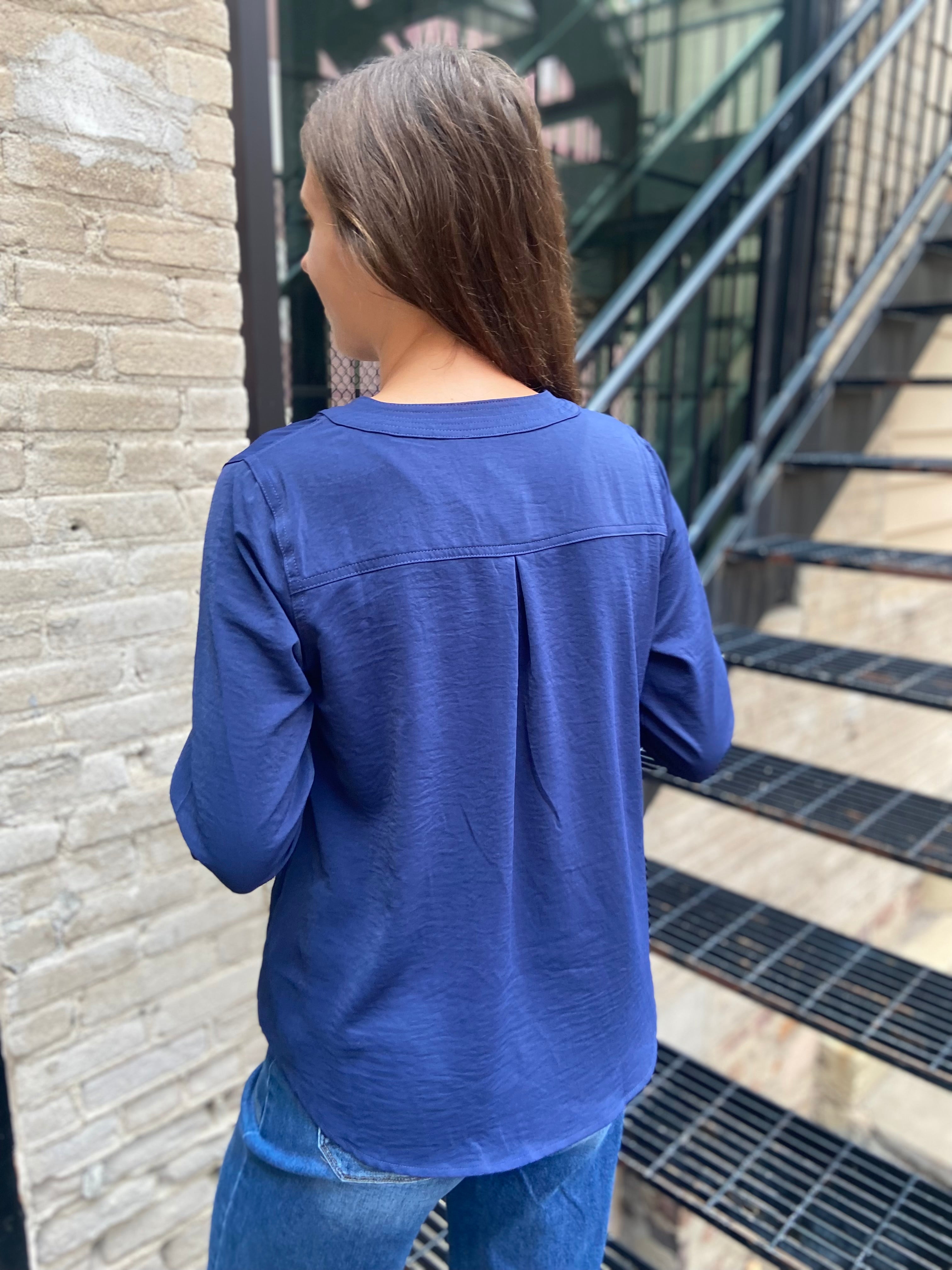 Oriana Navy V-Neck Long Sleeve