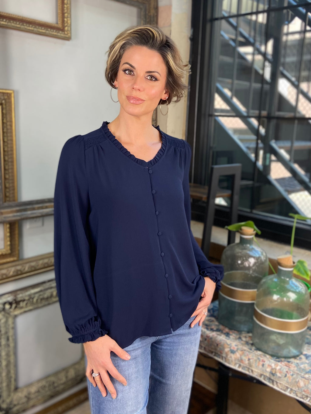 Nora Navy Blue Ruffle Long Sleeve Button Top