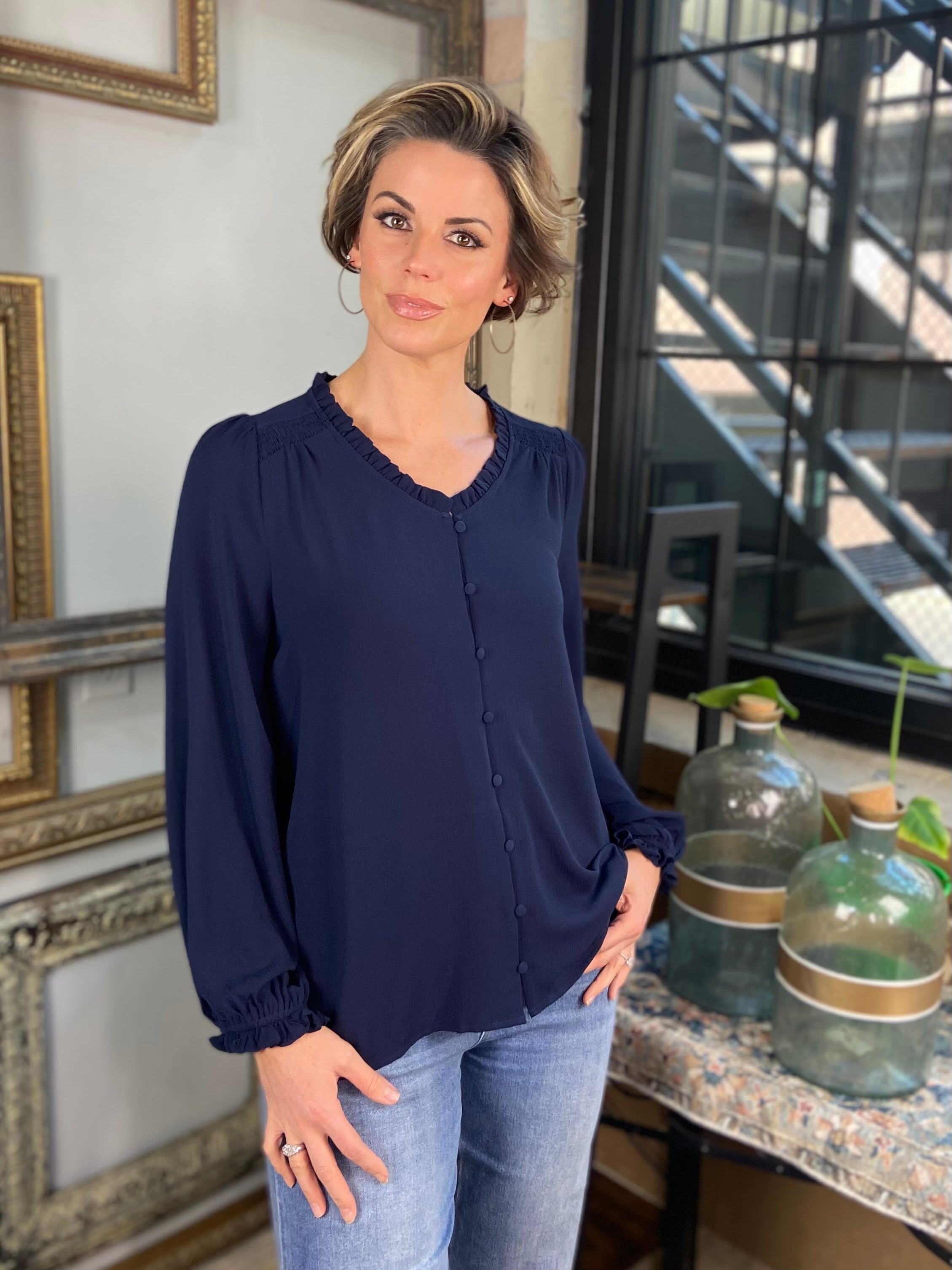 Nora Navy Blue Ruffle Long Sleeve Button Top