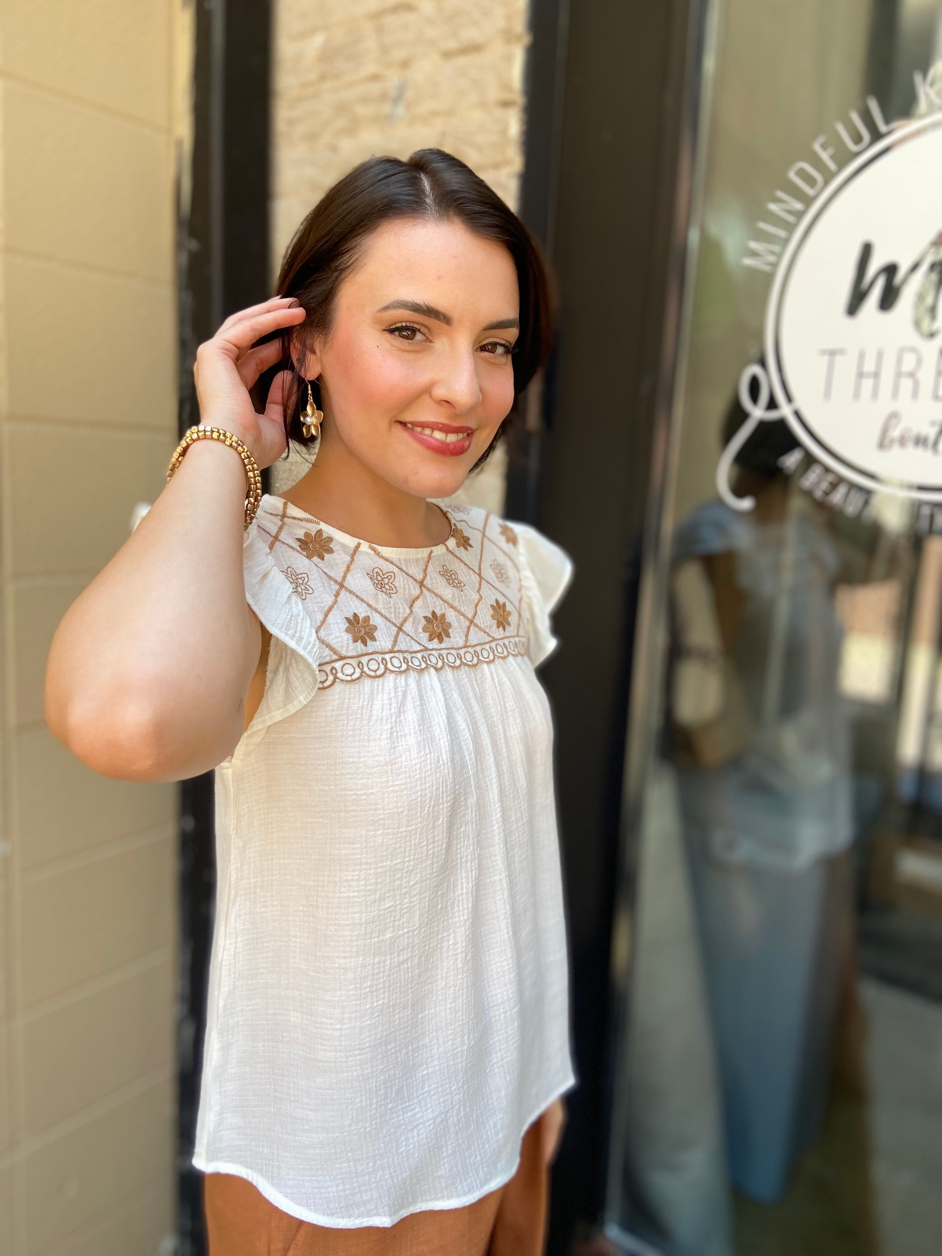 Vireo White Floral Embroidered Detail Top