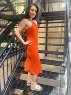Cassey Orange Satin Halter Top Maxi Dress
