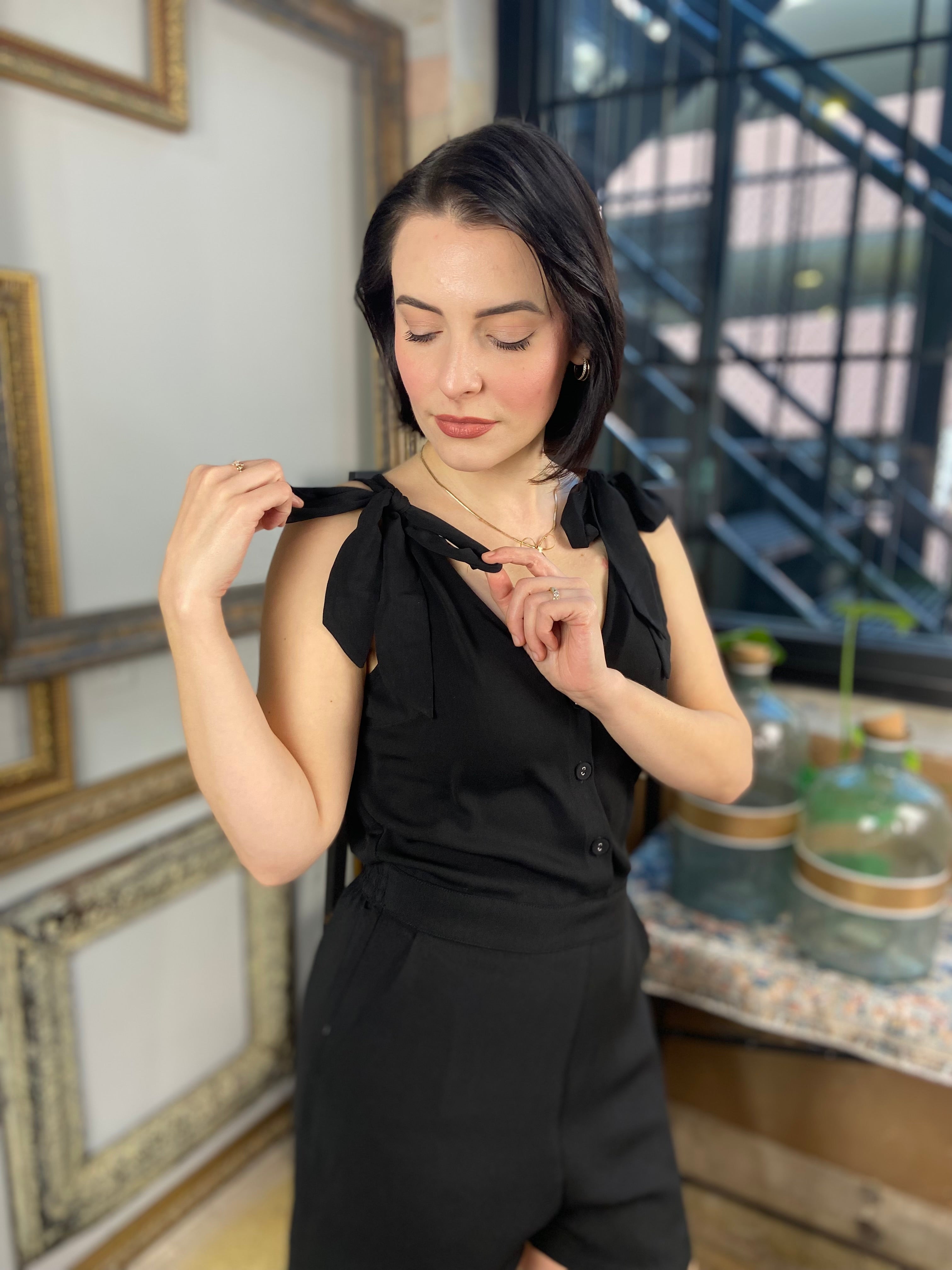 Cynthia Black Shoulder Knot Sleeveless Romper