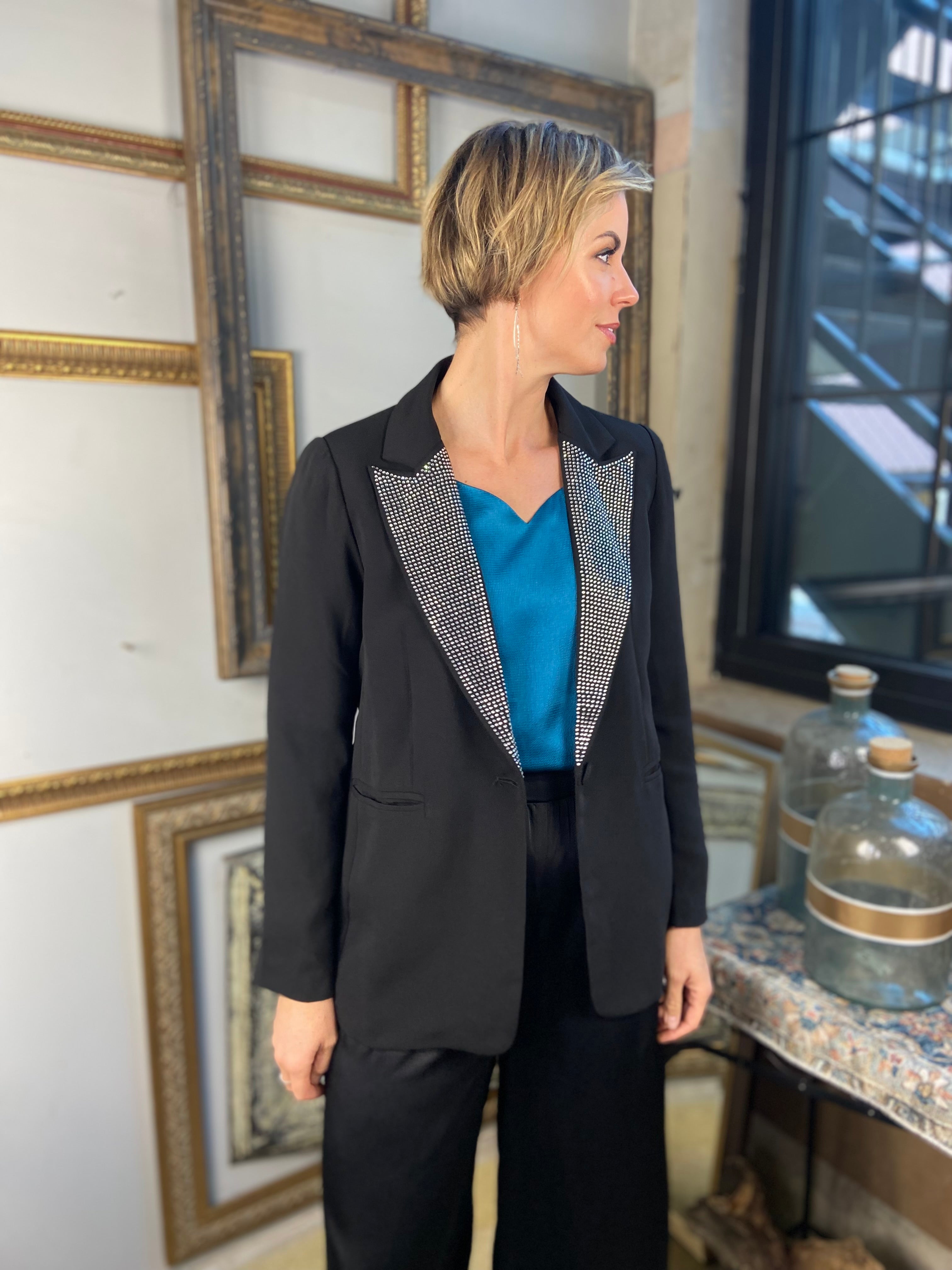 Donna Black Rhinestone Studded Blazer