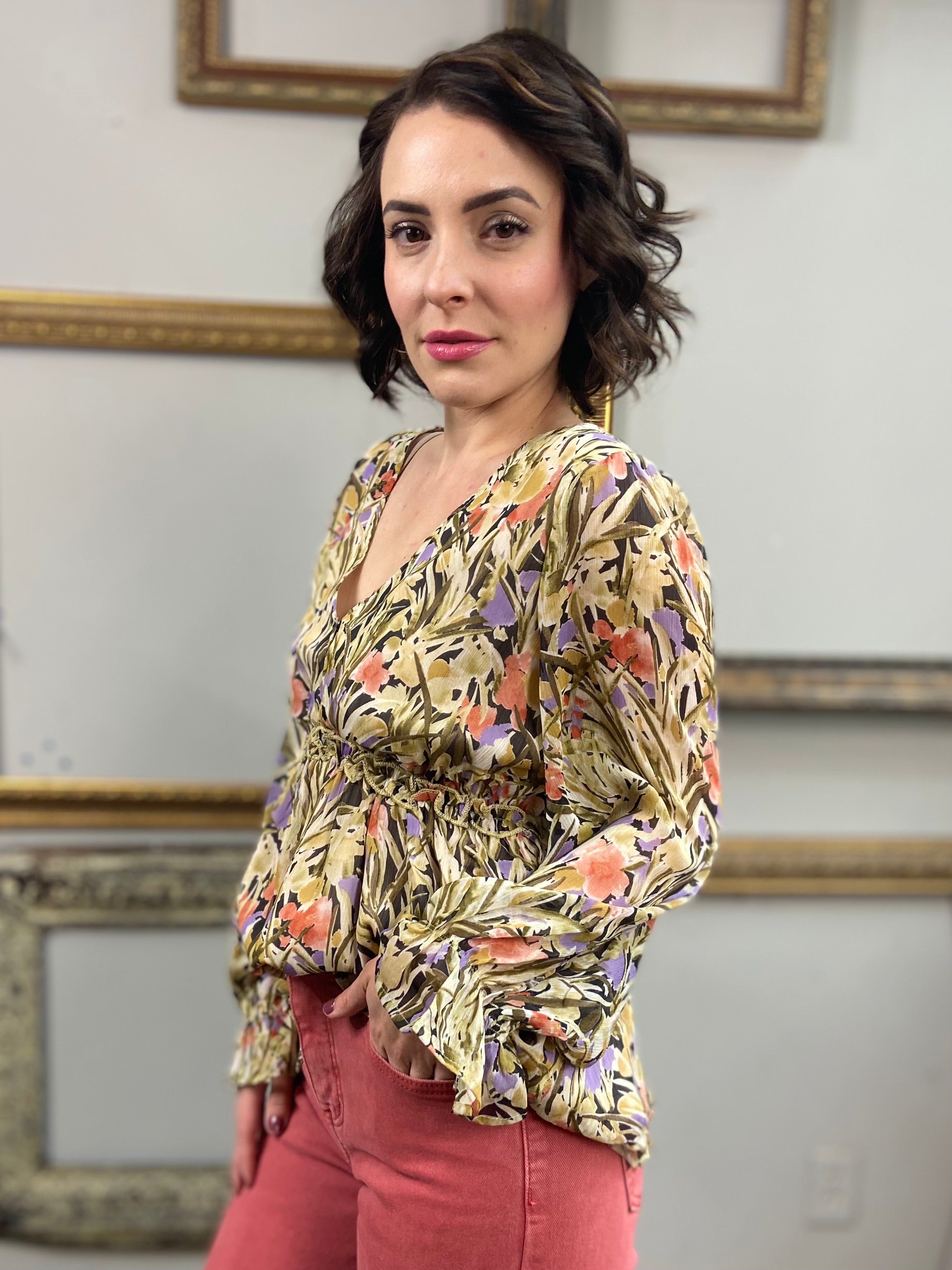 Ezra Olive Floral Pattern Long Sleeve Blouse - MK Threads Boutique