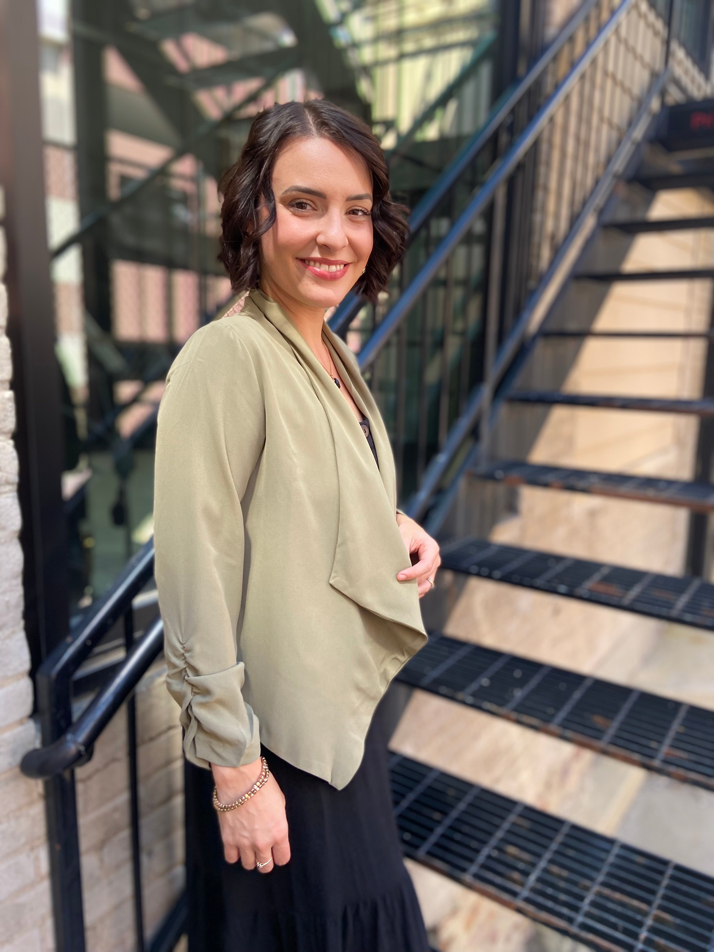 Sadi Olive Half Sleeve Open Cropped Blazer