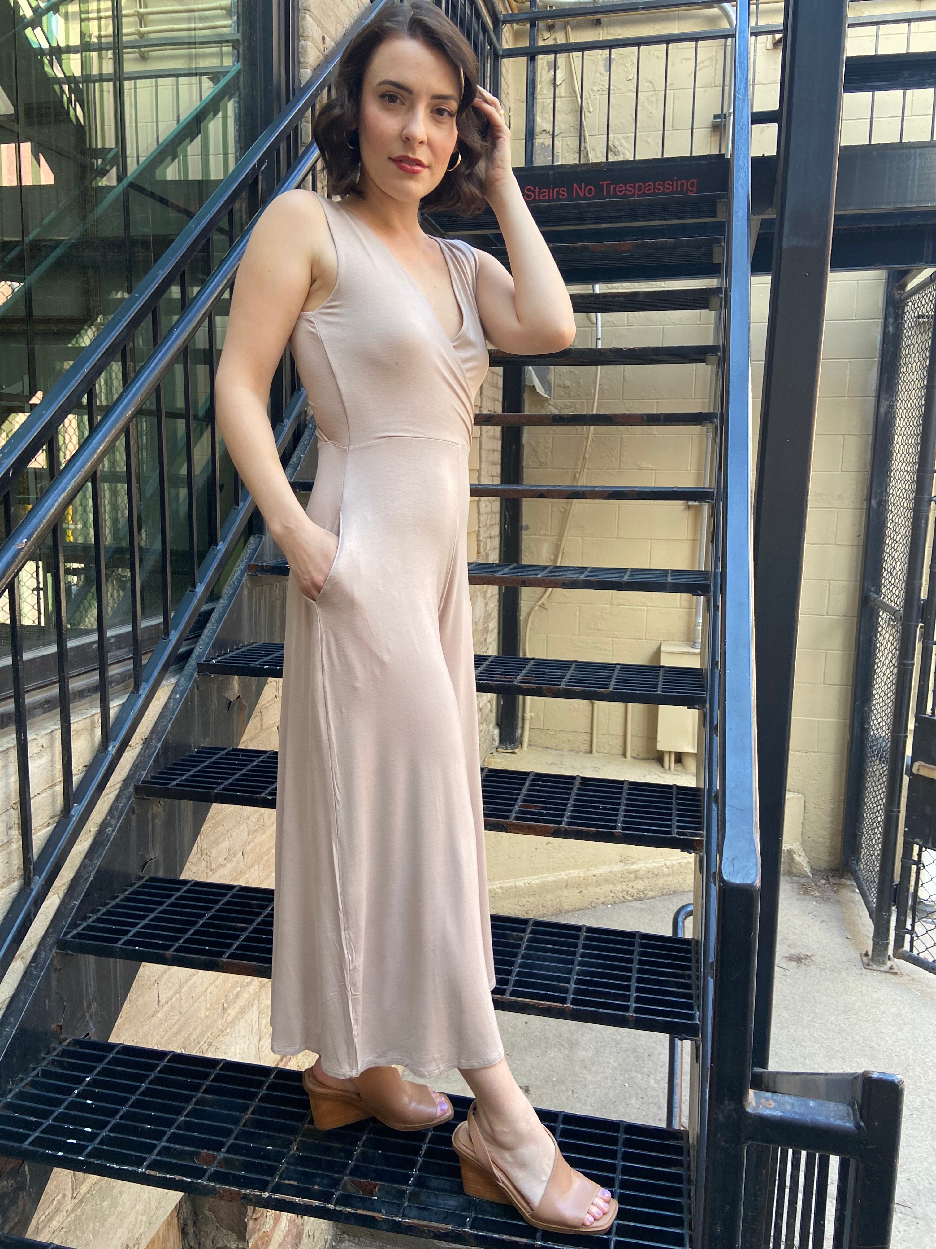 Mary Beige V Neck Wide Leg Jumpsuit - MK Threads Boutique