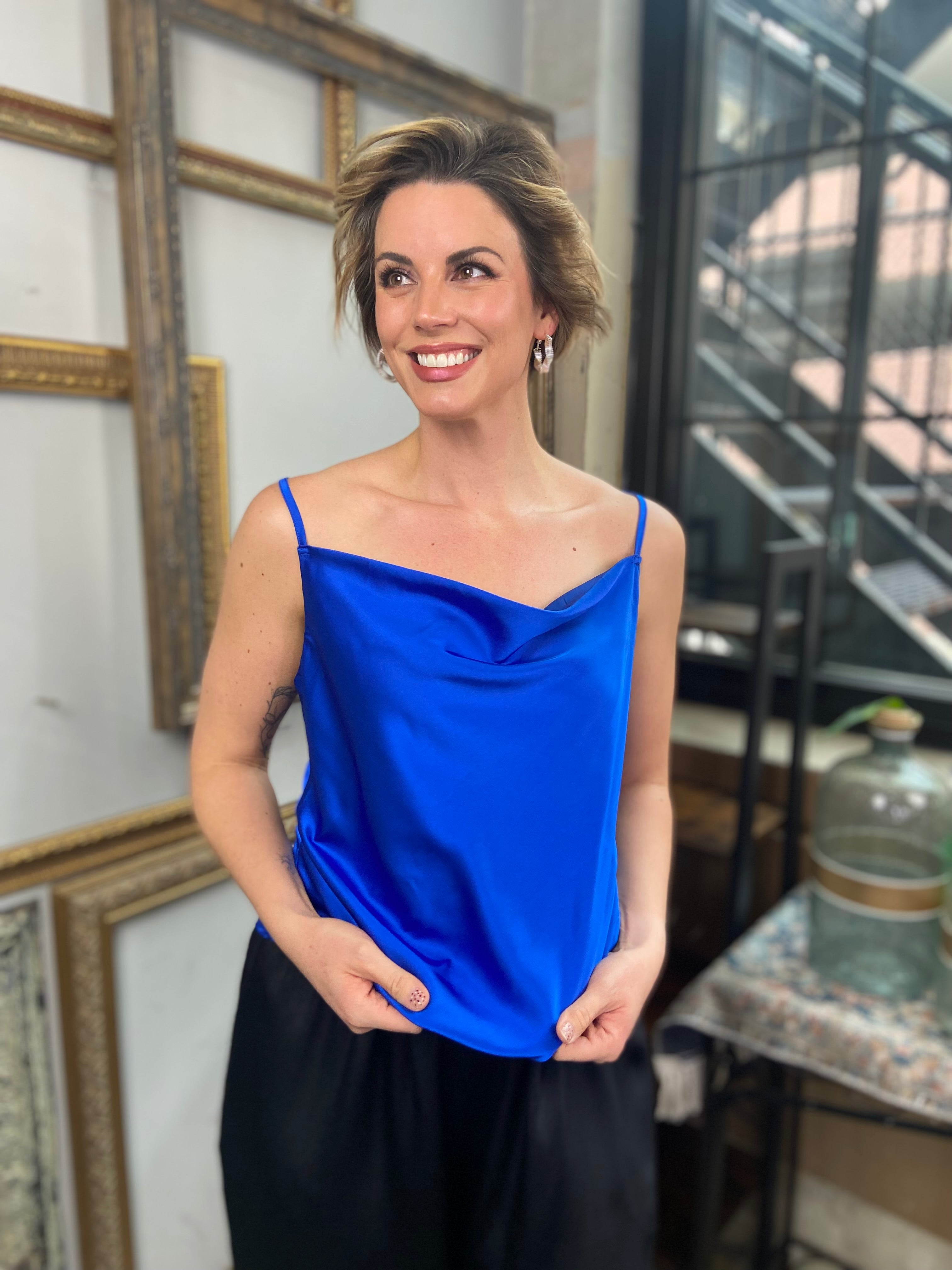 Caroline Royal Blue Satin Cowl Neck Blouse