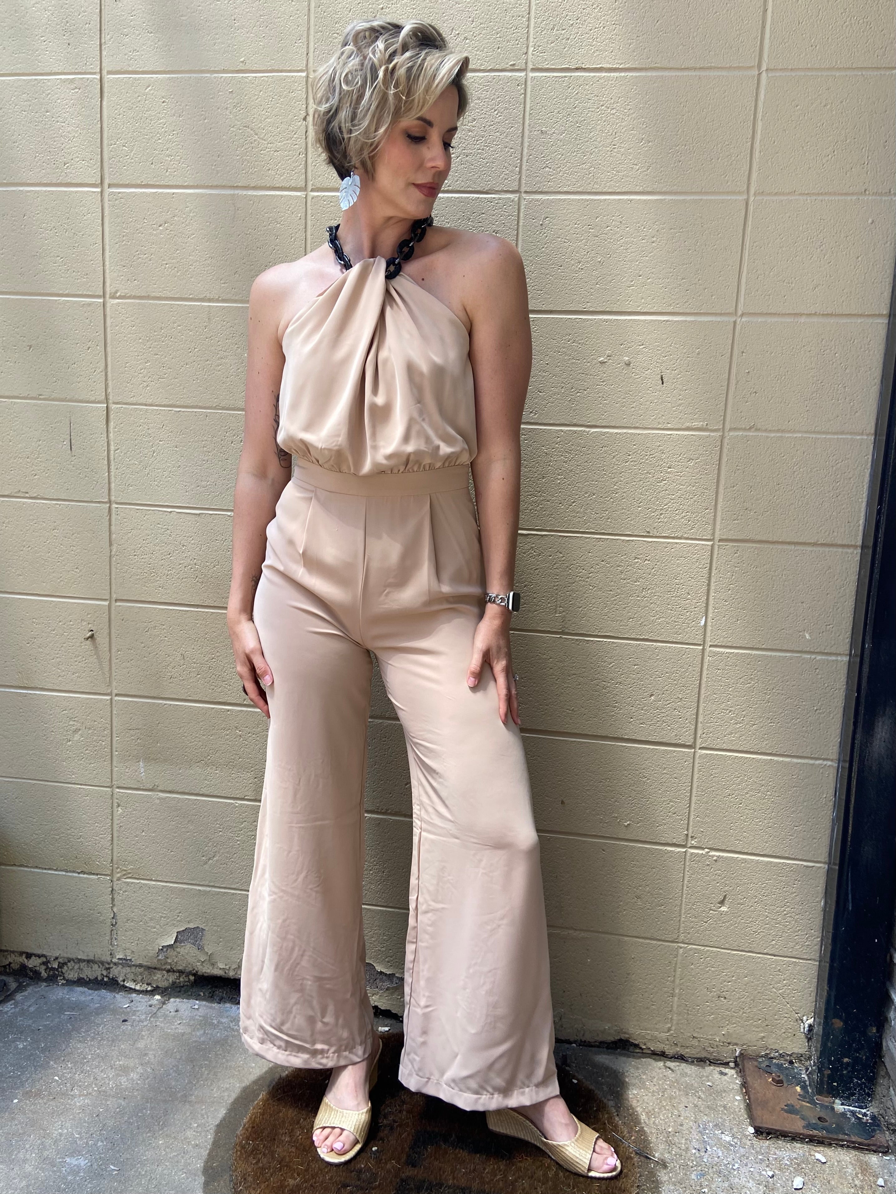 June Beige Halter Neck Jumpsuit - MK Threads Boutique