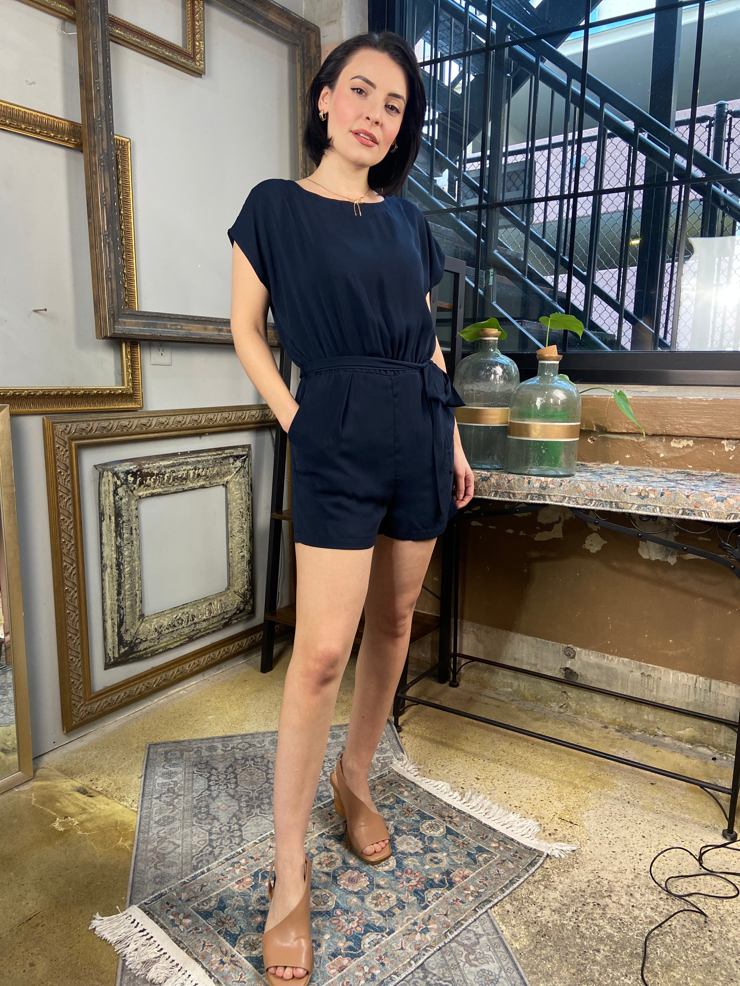 Alexa Dark Navy Boat Neck Romper