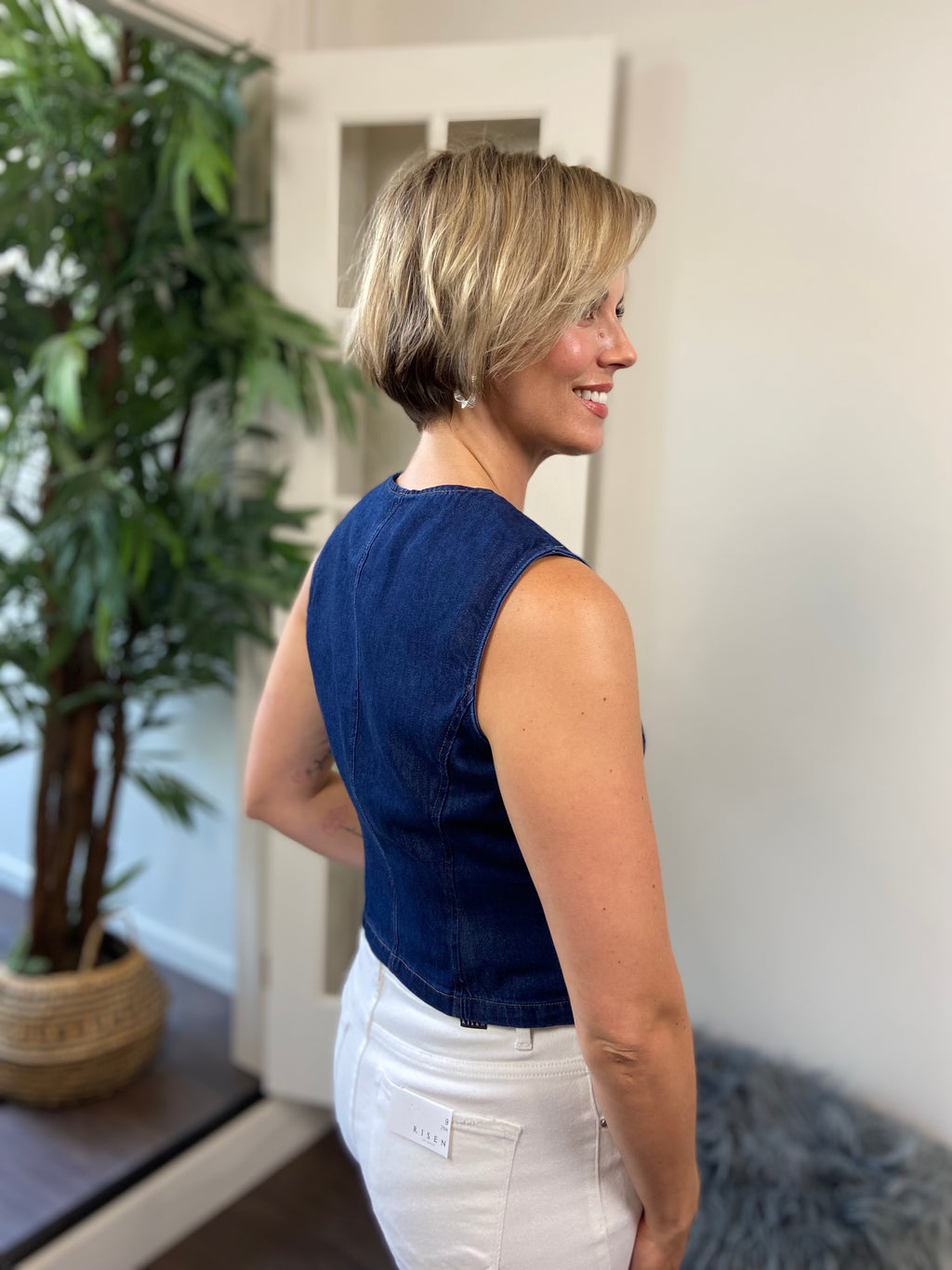Ezra Dark Wash Denim Gold Button Detail Vest - MK Threads Boutique
