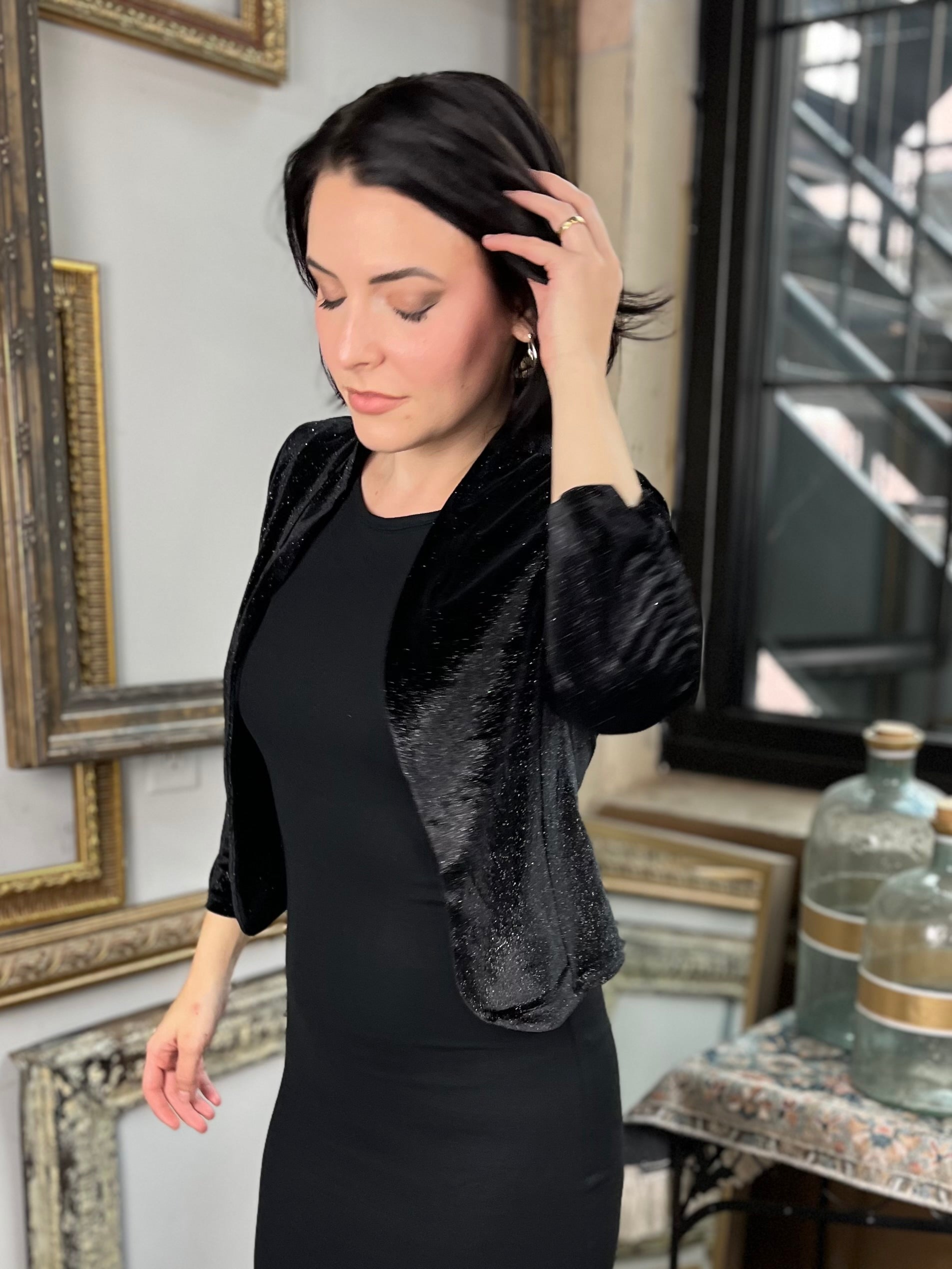 Angie Black Velvet Glitter Cropped Jacket