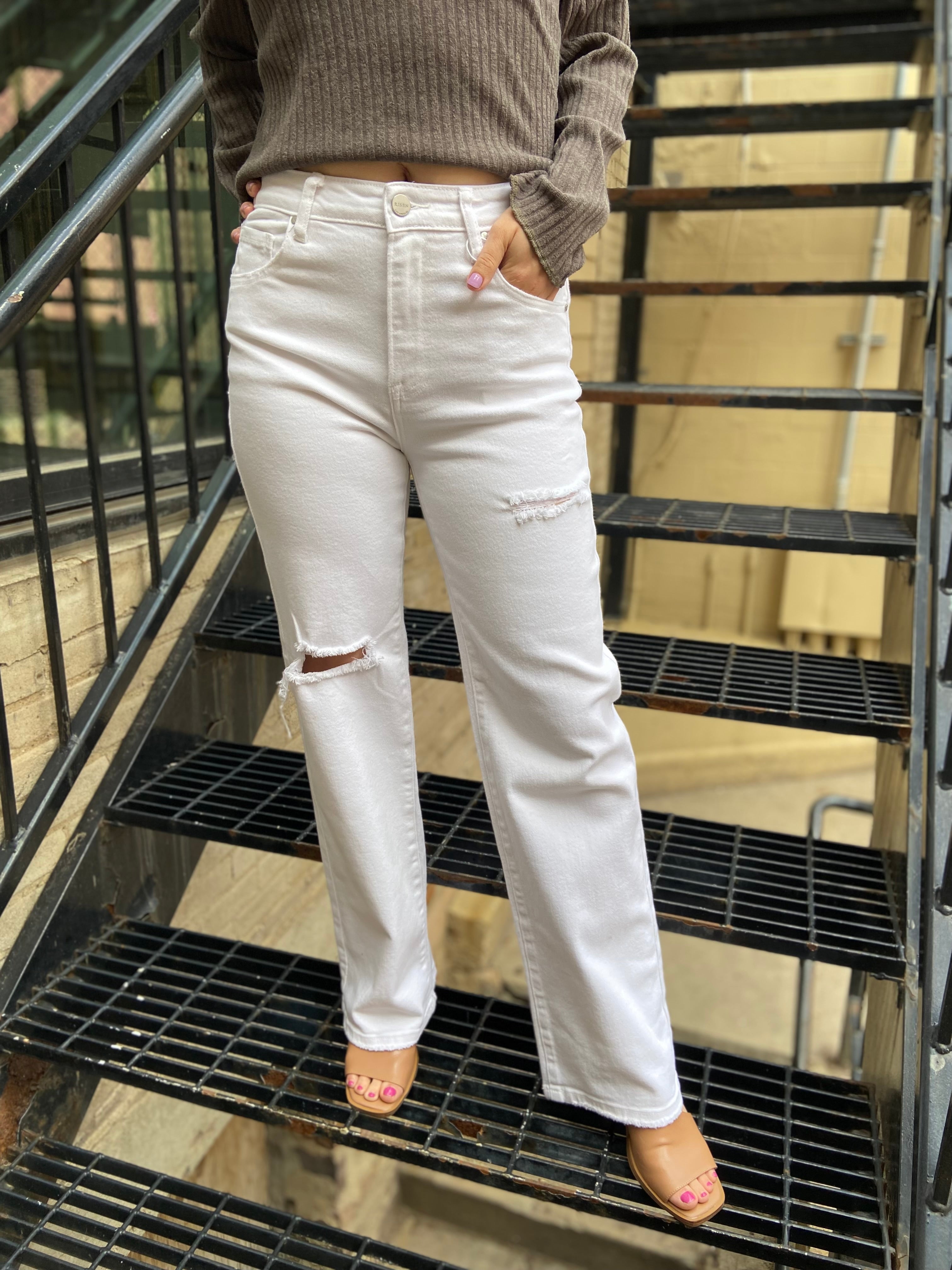 Bali White Straight Leg Ripped Risen Jeans - MK Threads Boutique