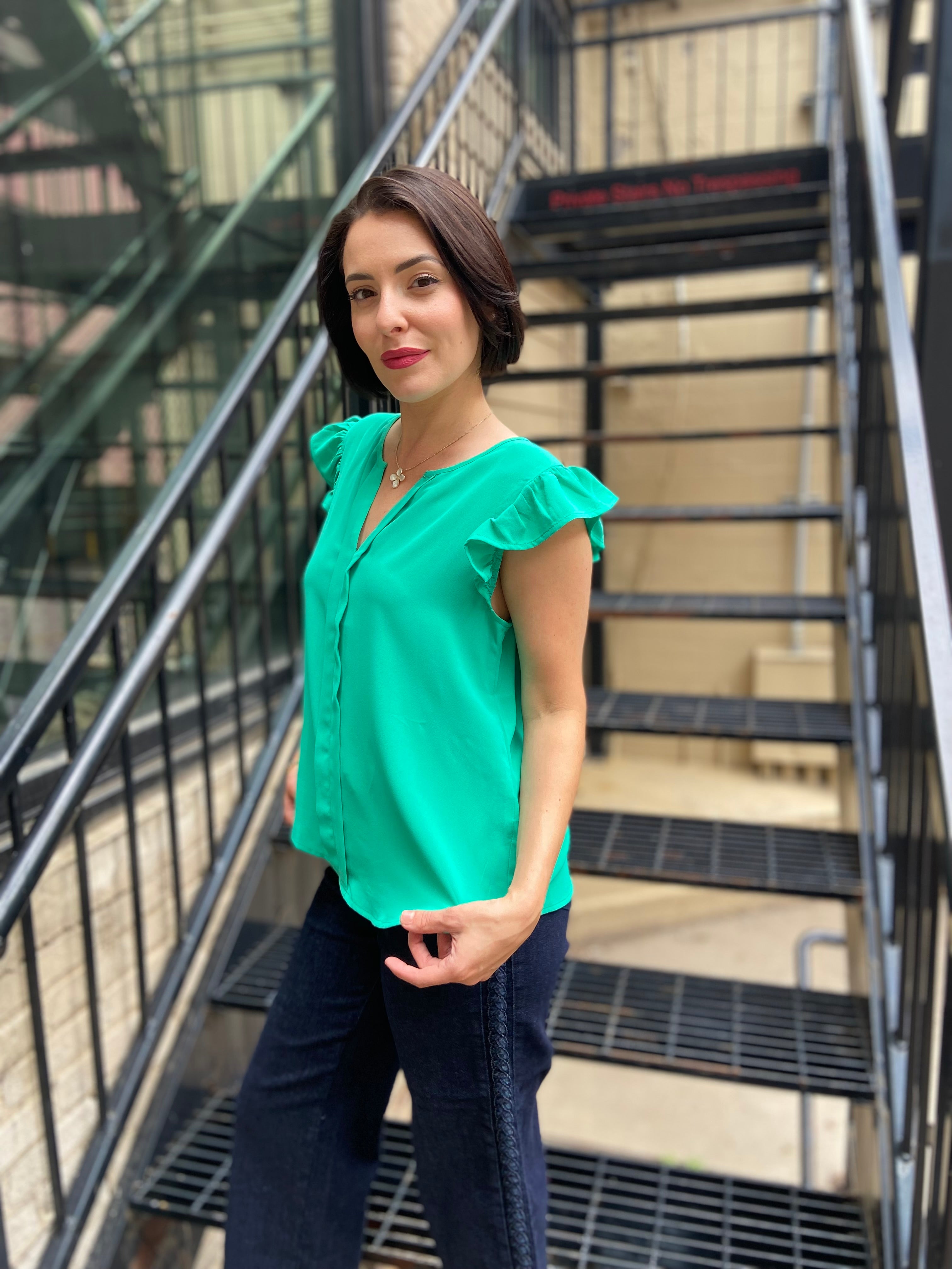 Bodhi Light Emerald Flutter Sleeve Blouse