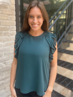 Emmett Forest Green Pleated Flutter Sleeve Blouse