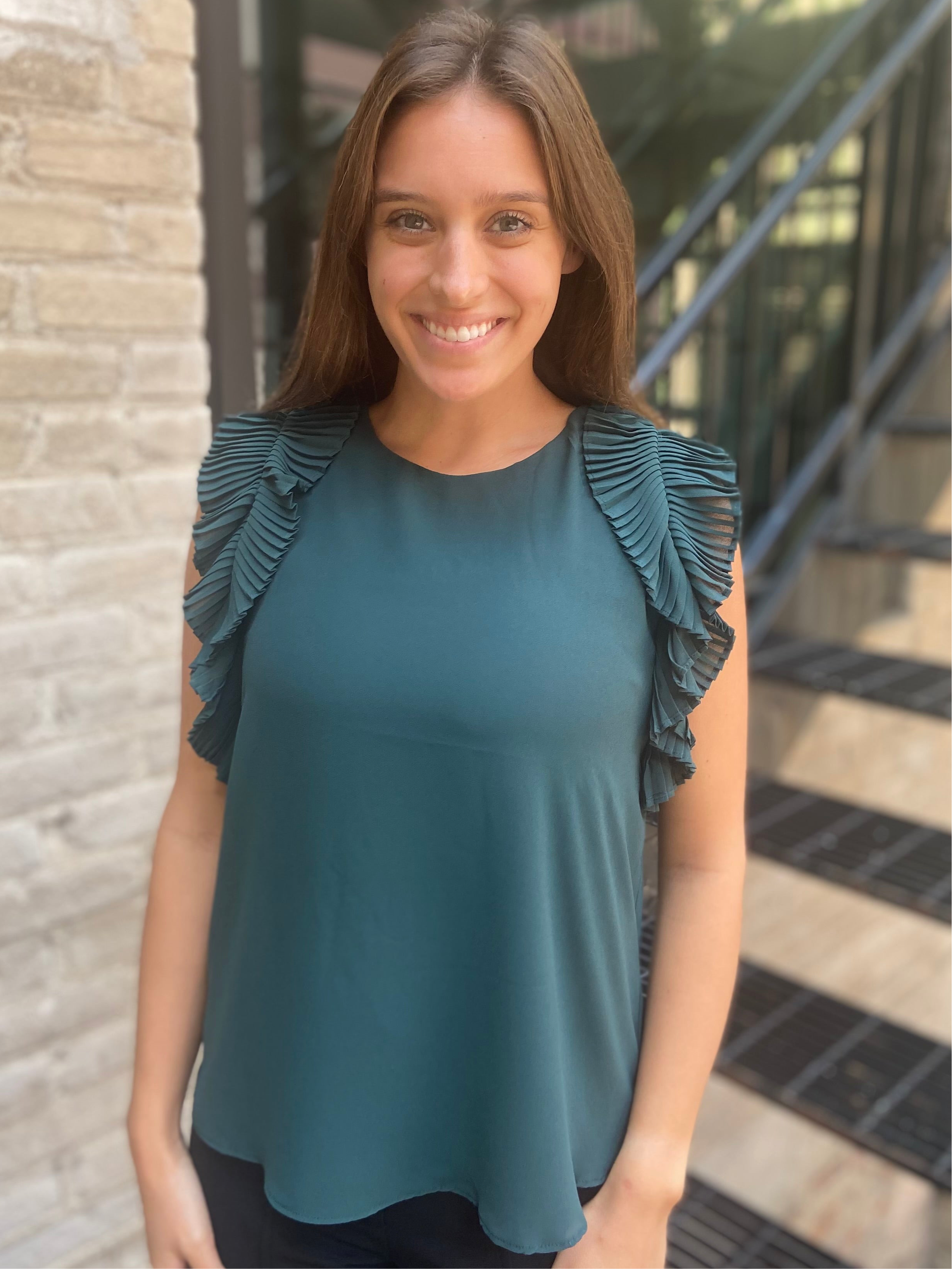 Emmett Forest Green Pleated Flutter Sleeve Blouse