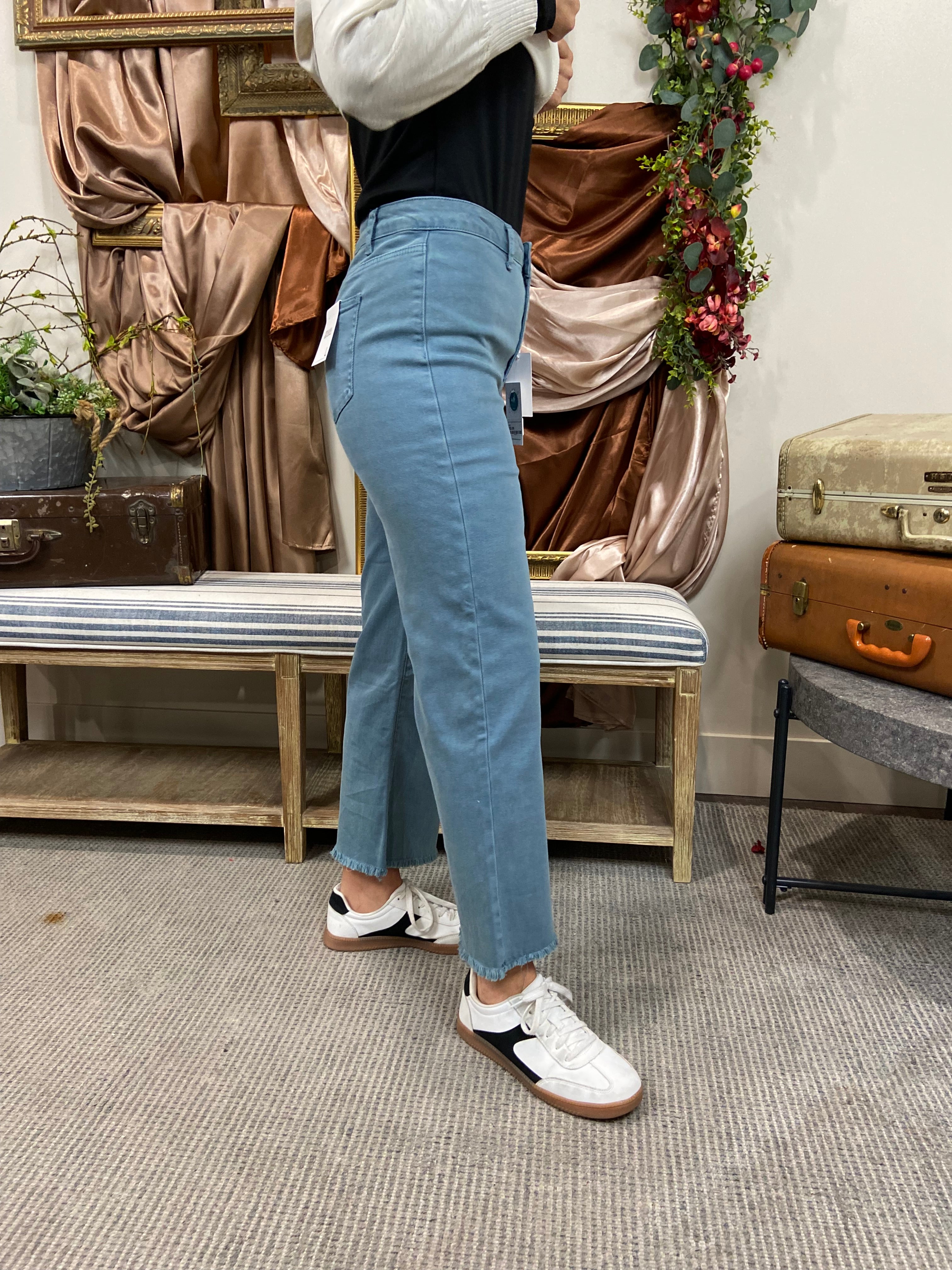Allie Teal Frayed Straight Leg Zenana Jeans