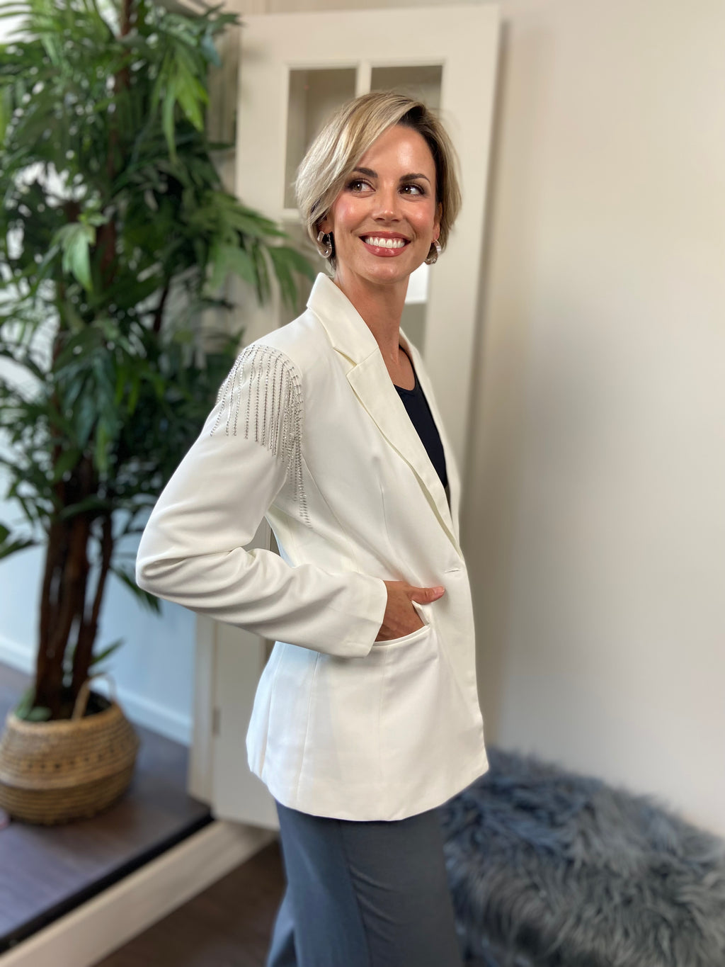 Veronica Off White Rhinestone Chain Detail Blazer - MK Threads Boutique