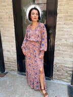 Florian Blue Clay Floral Print Neck Tie Maxi Dress