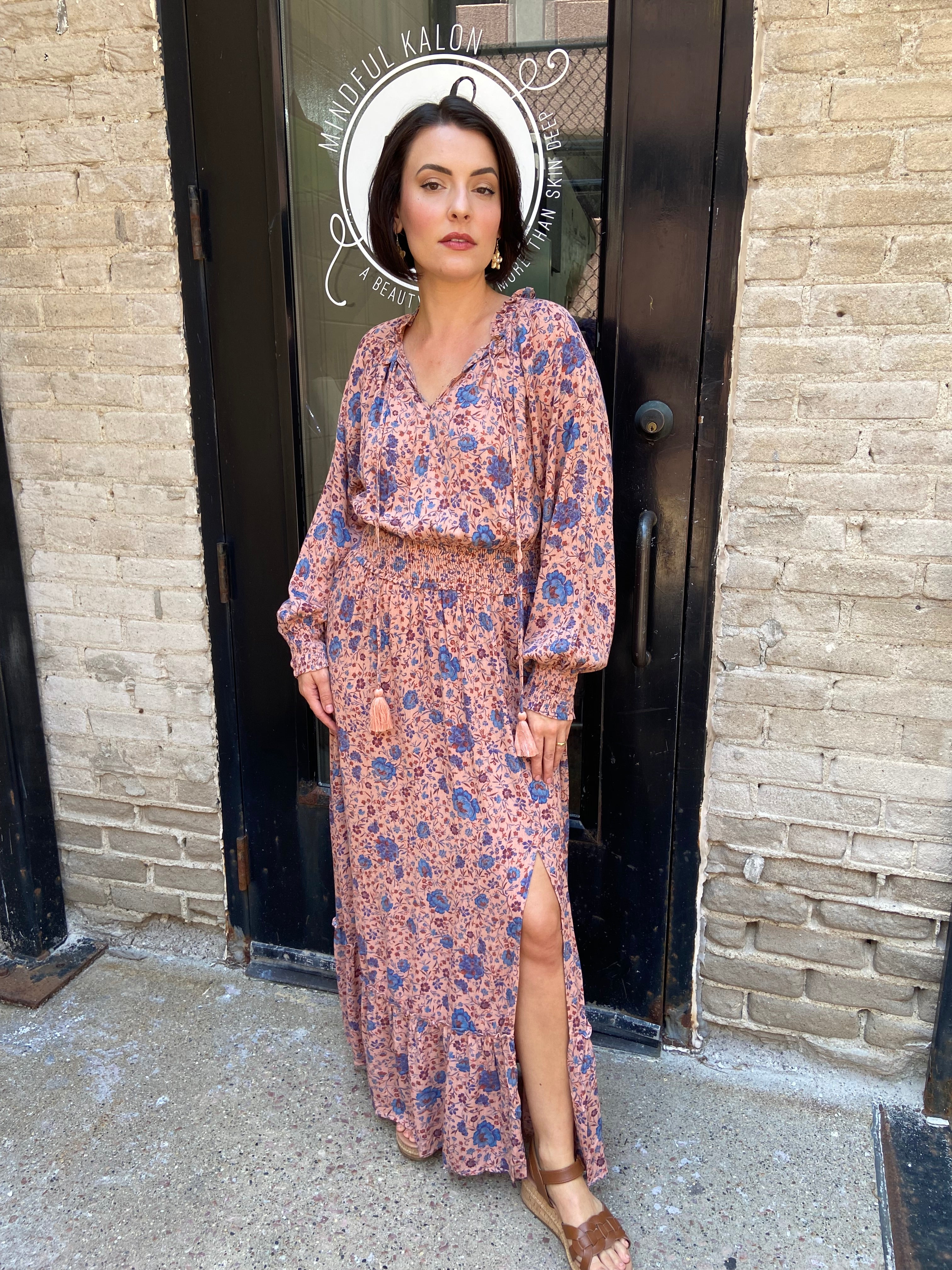 Florian Blue Clay Floral Print Neck Tie Maxi Dress