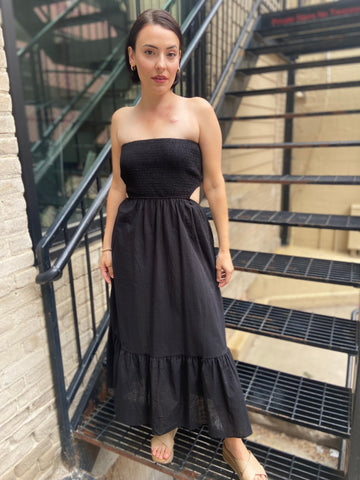 Grace Black Smocked Strapless Midi dress